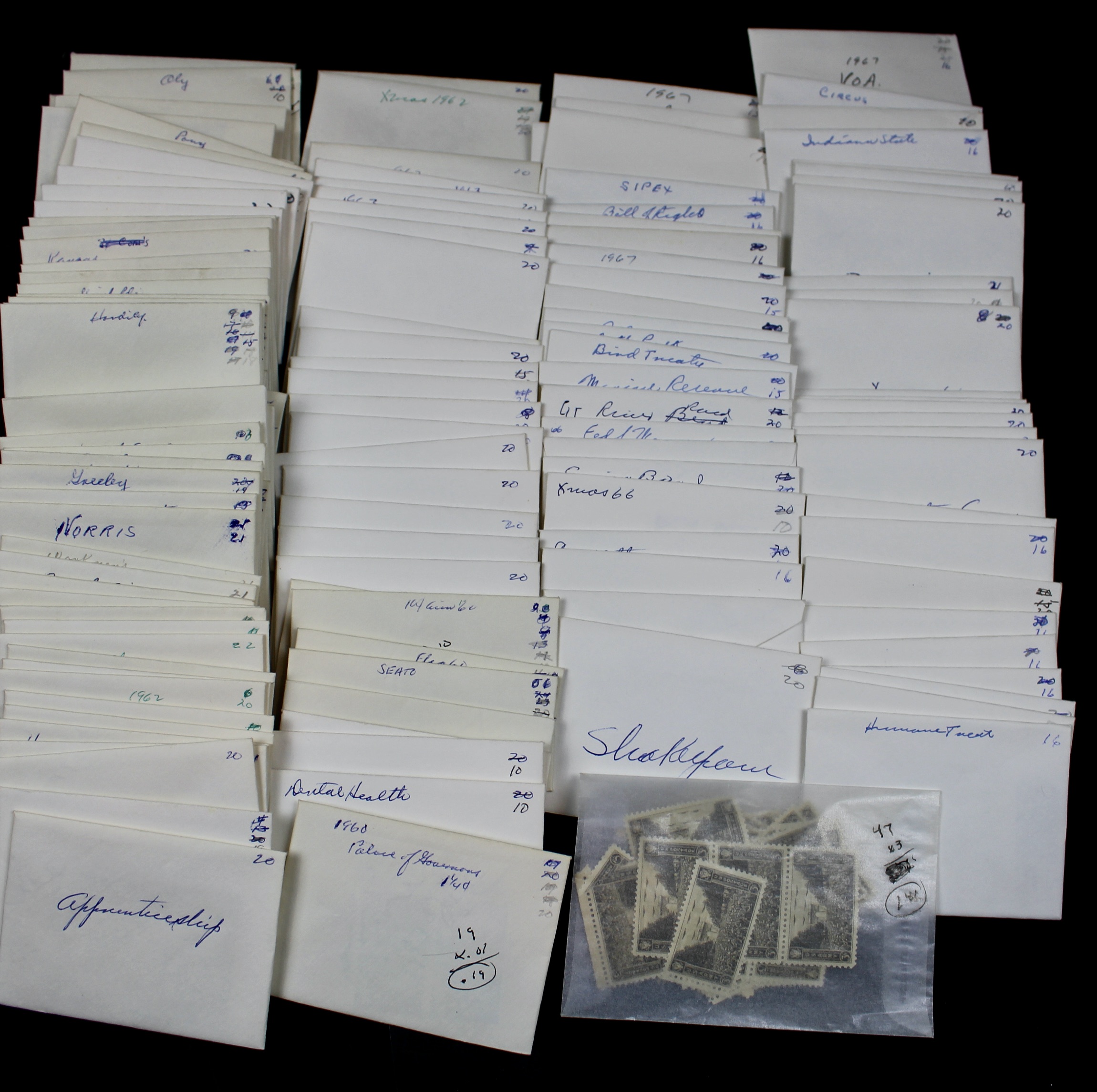 Cigar Box of Mint U.S. Postage Stamps, Plate Blocks, Souvenir Sheets