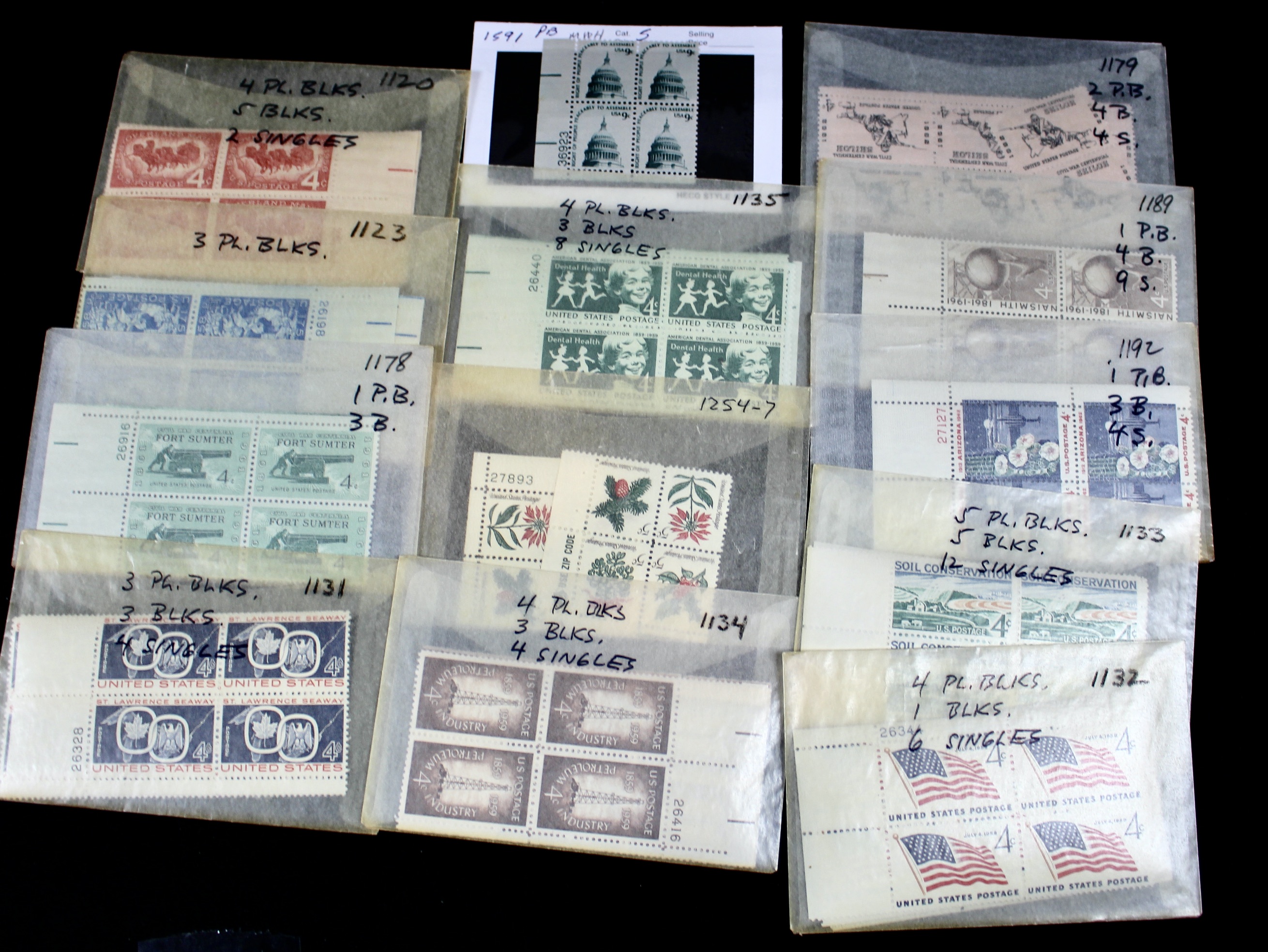 Cigar Box of Mint U.S. Postage Stamps, Plate Blocks, Souvenir Sheets