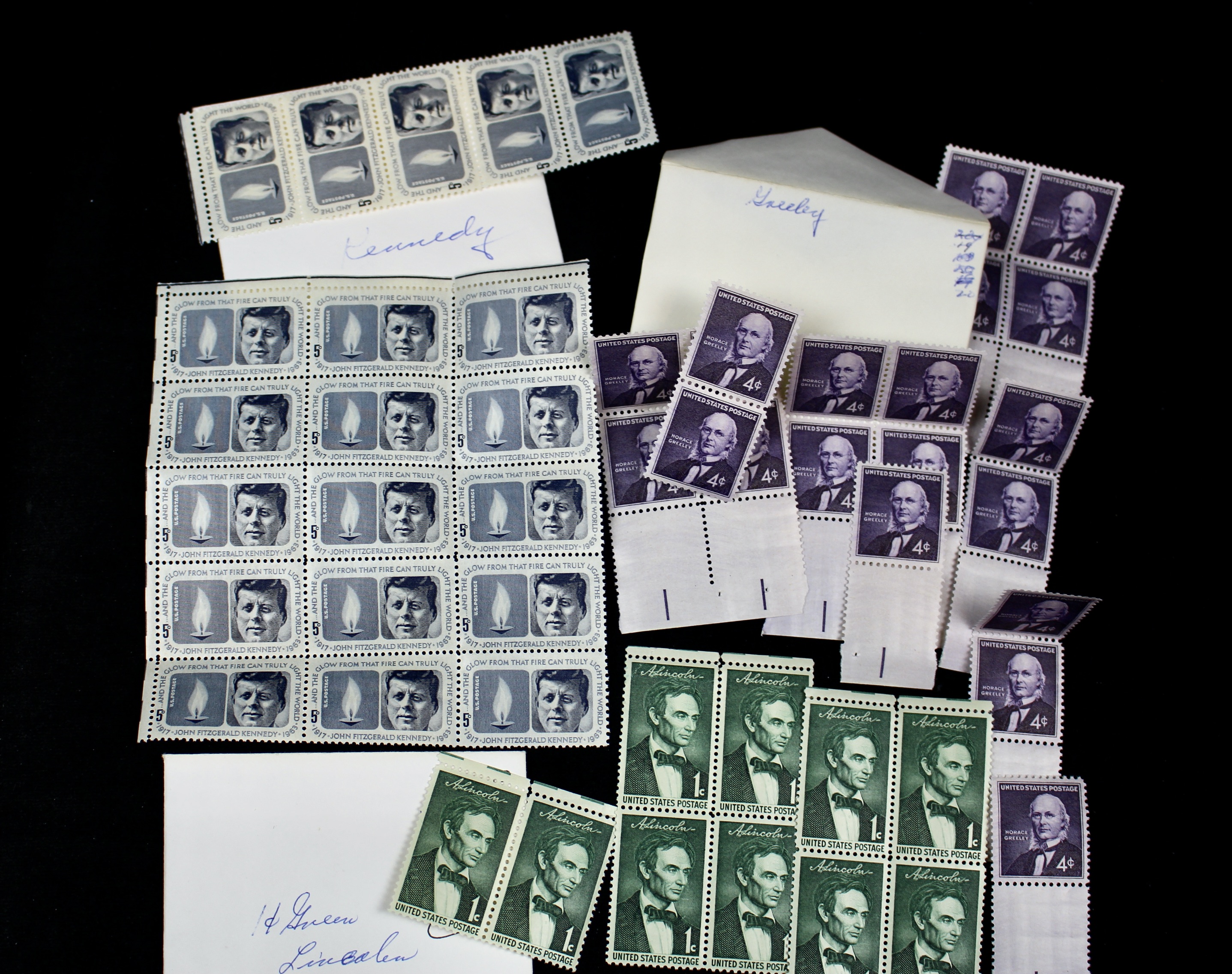 Cigar Box of Mint U.S. Postage Stamps, Plate Blocks, Souvenir Sheets