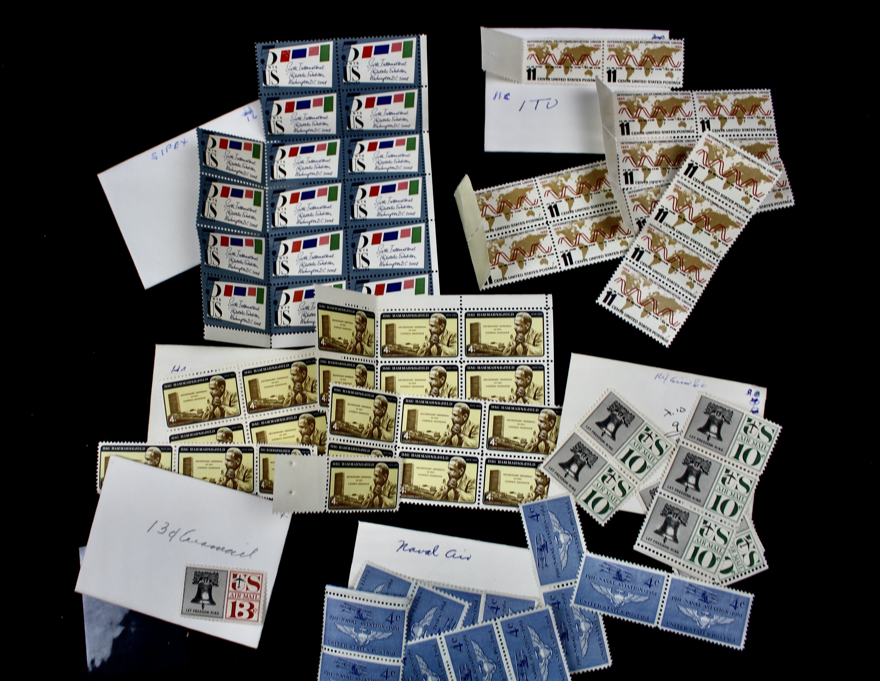 Cigar Box of Mint U.S. Postage Stamps, Plate Blocks, Souvenir Sheets