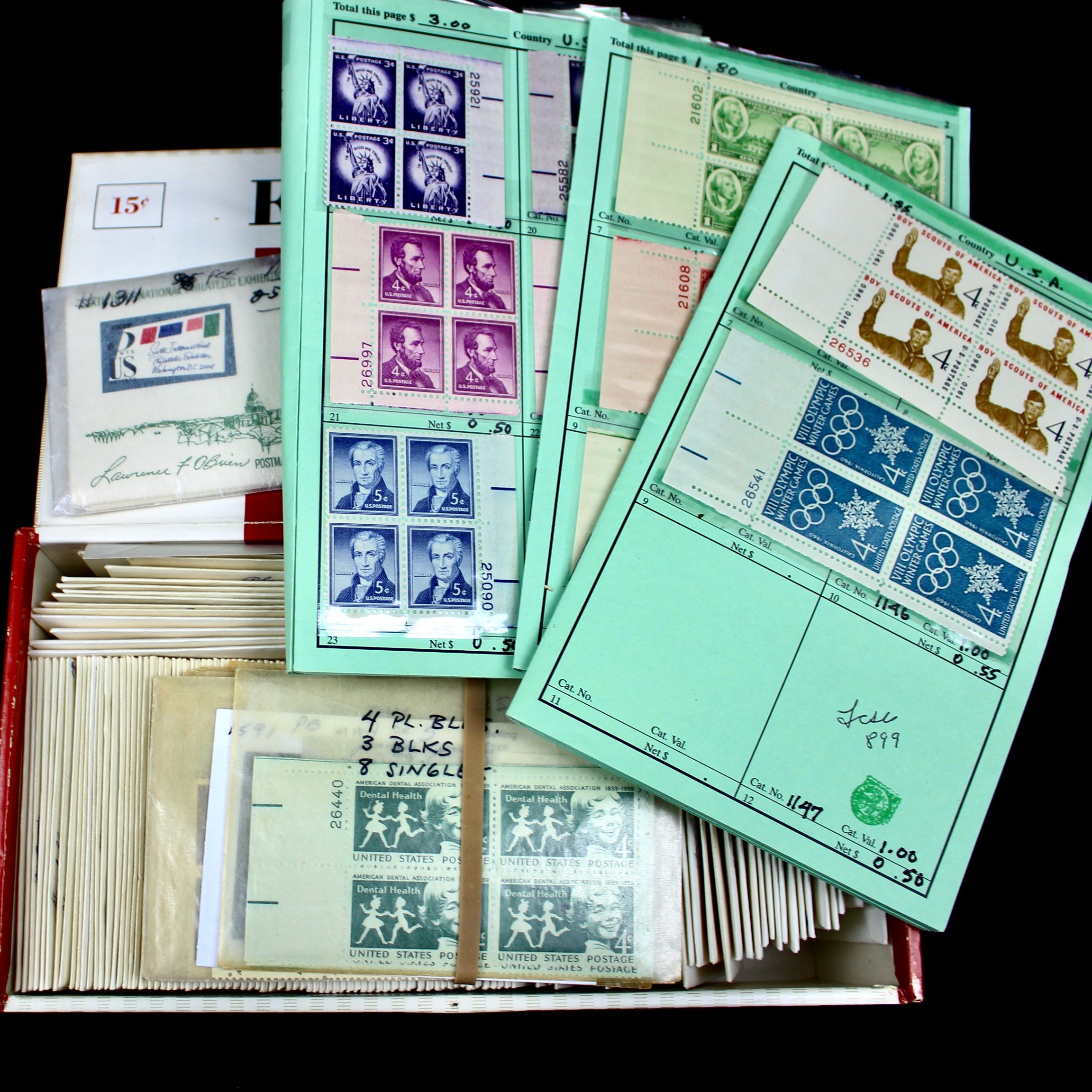 Cigar Box of Mint U.S. Postage Stamps, Plate Blocks, Souvenir Sheets
