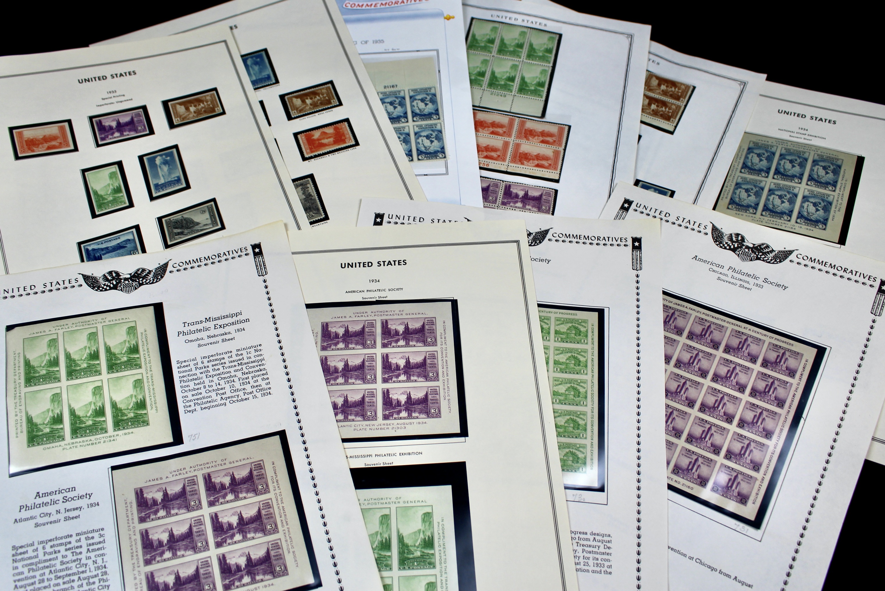 Grouping of Farley Postage Stamp Singles, Plate Blocks, Souvenir Sheets, 1930s