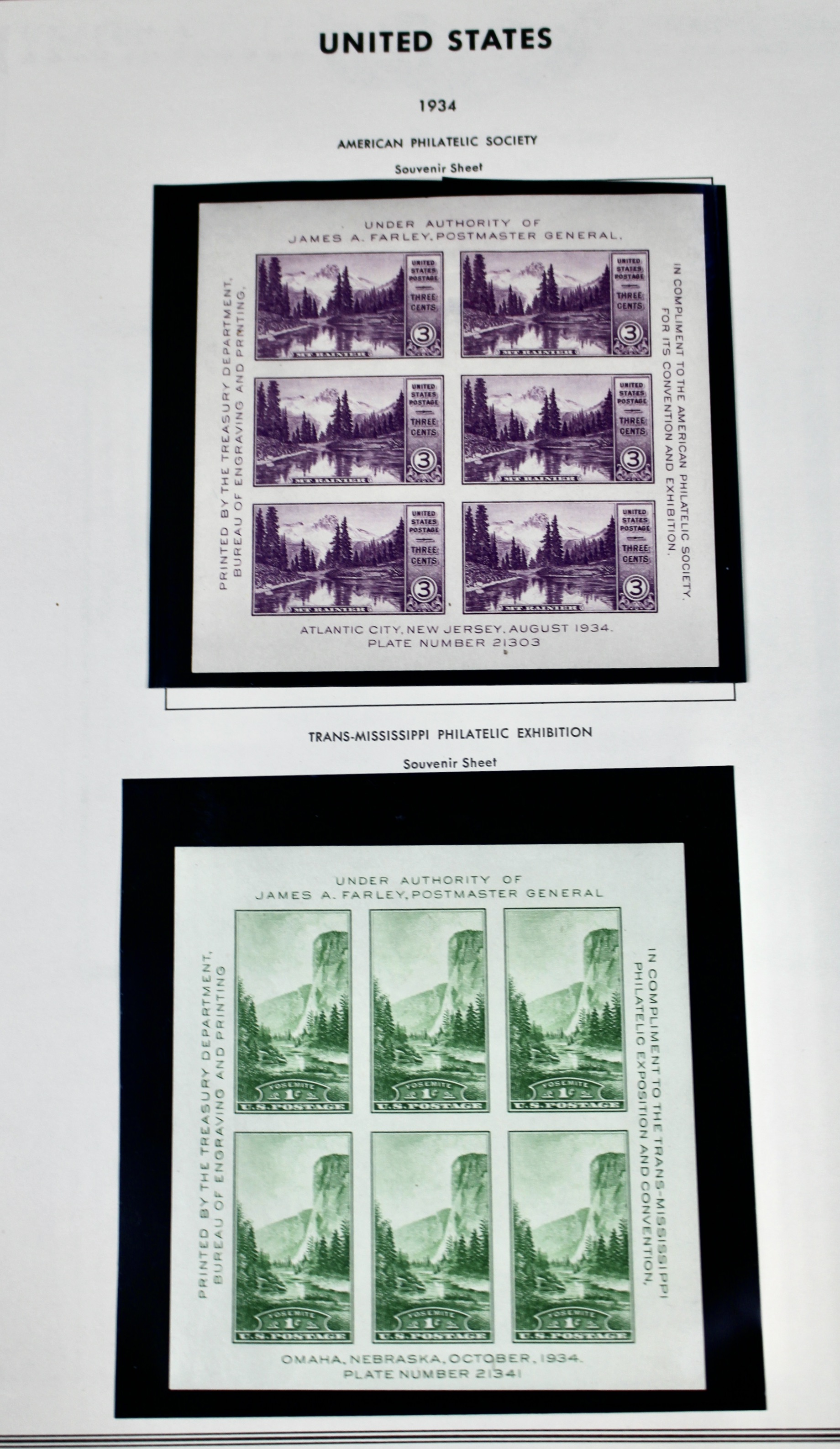 Grouping of Farley Postage Stamp Singles, Plate Blocks, Souvenir Sheets, 1930s