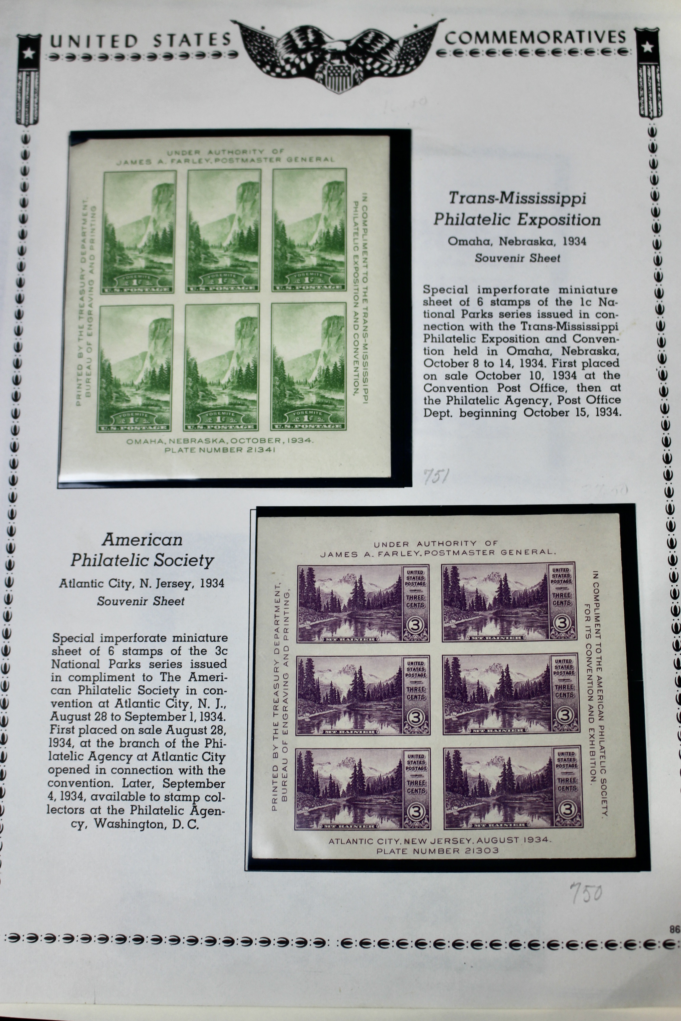 Grouping of Farley Postage Stamp Singles, Plate Blocks, Souvenir Sheets, 1930s