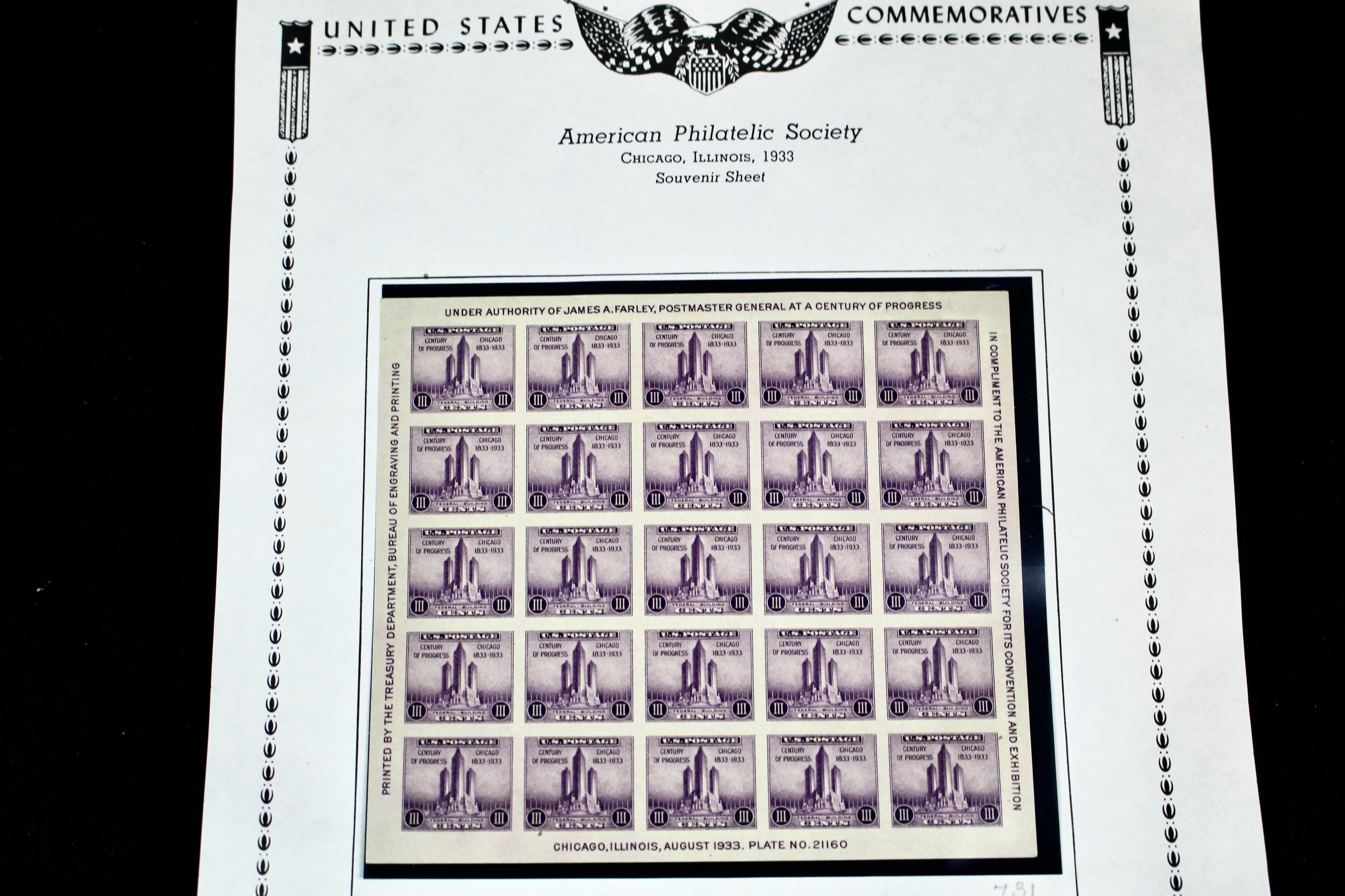 Grouping of Farley Postage Stamp Singles, Plate Blocks, Souvenir Sheets, 1930s