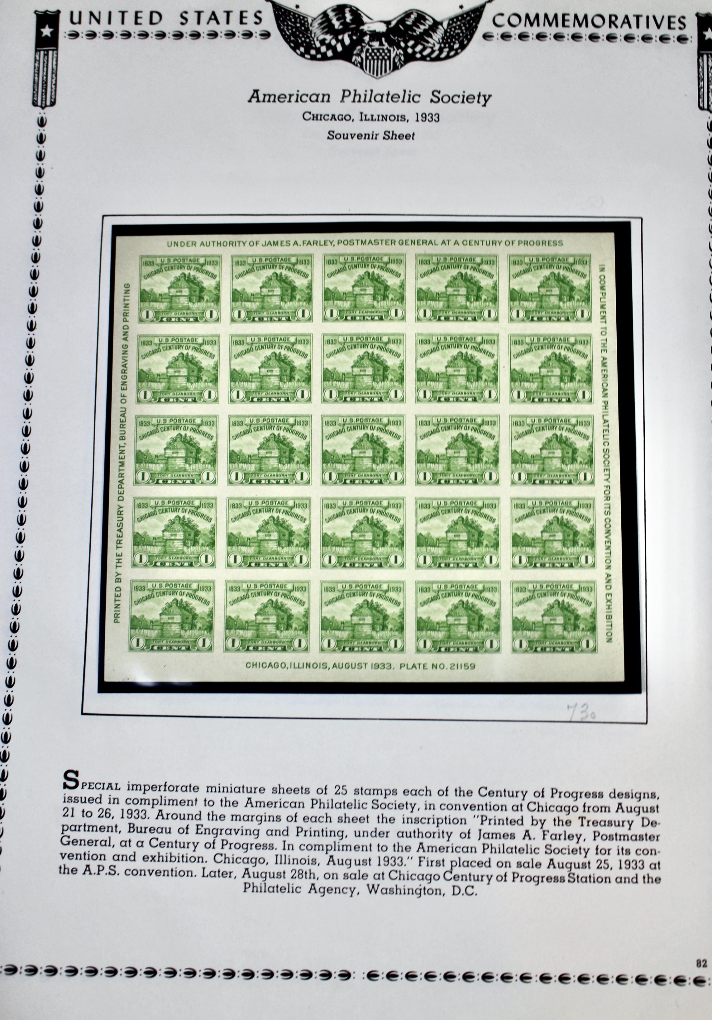 Grouping of Farley Postage Stamp Singles, Plate Blocks, Souvenir Sheets, 1930s