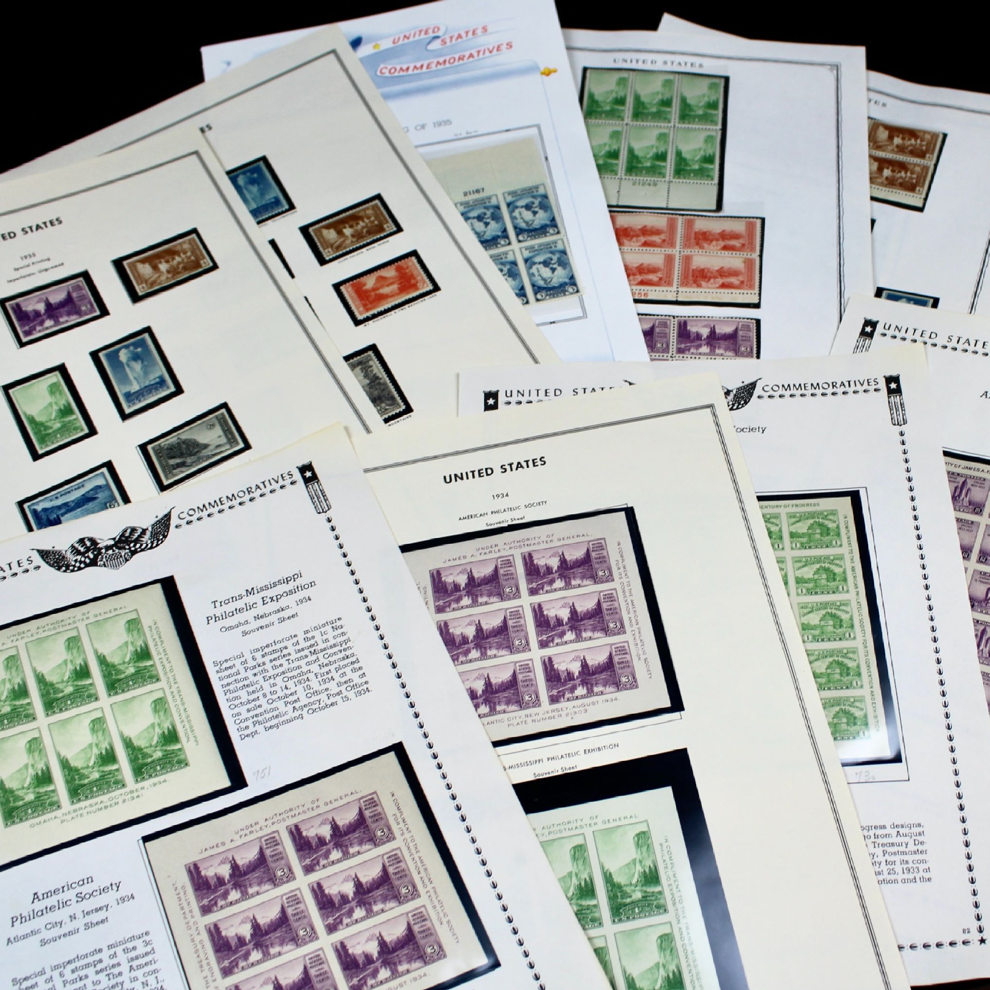 Grouping of Farley Postage Stamp Singles, Plate Blocks, Souvenir Sheets, 1930s