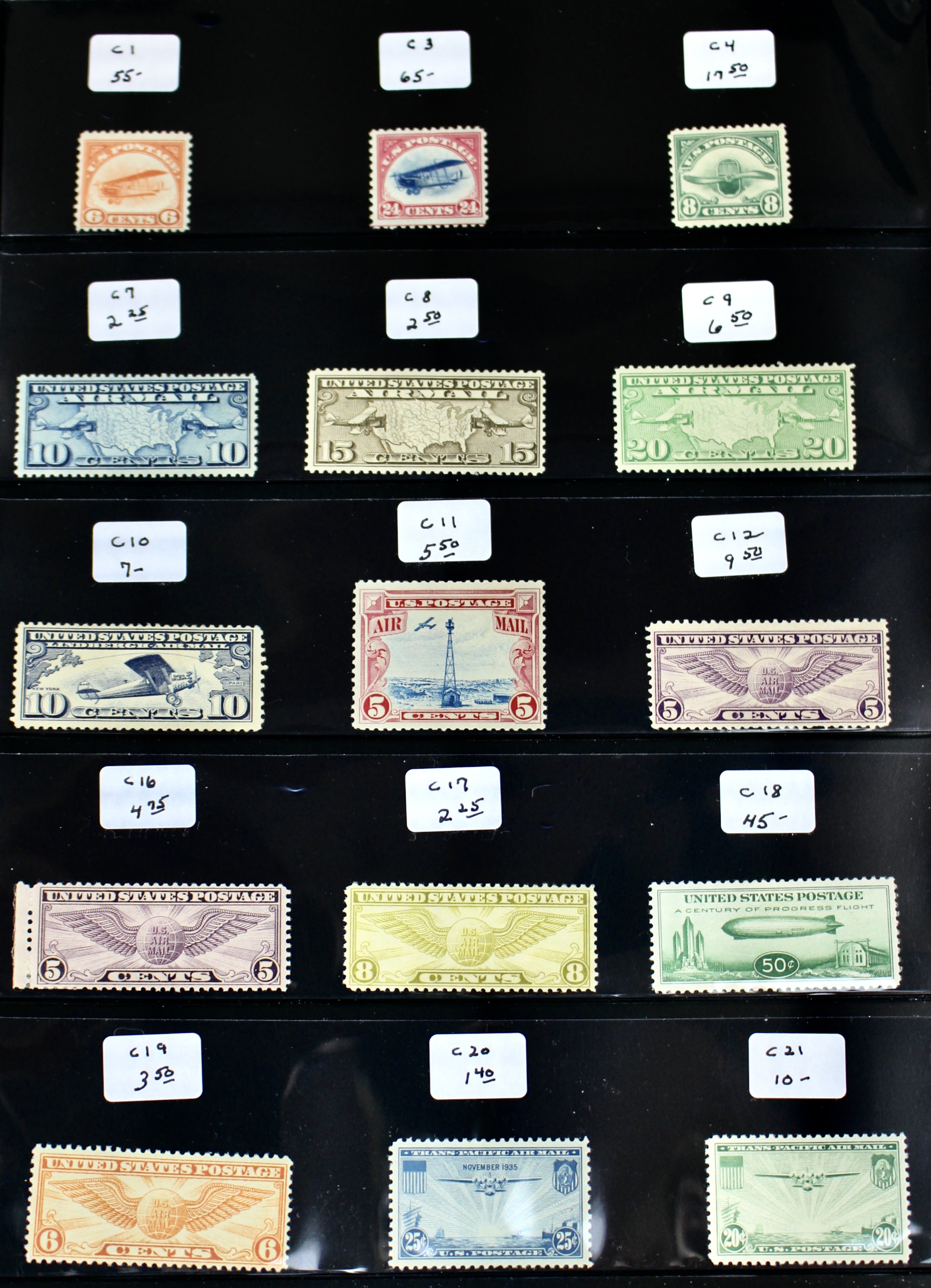 Fifteen Different Early U.S. Airmail Postage Stamps, MH