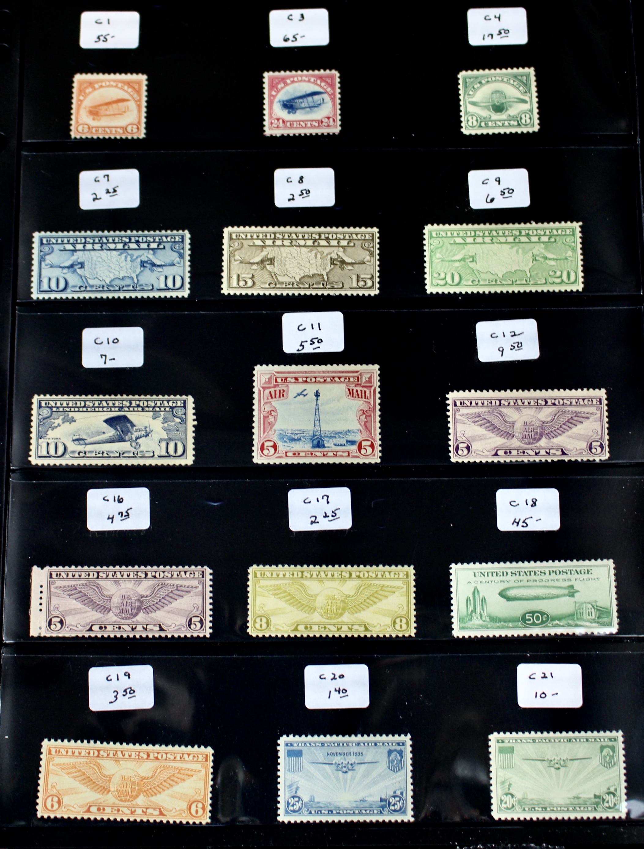 Fifteen Different Early U.S. Airmail Postage Stamps, MH