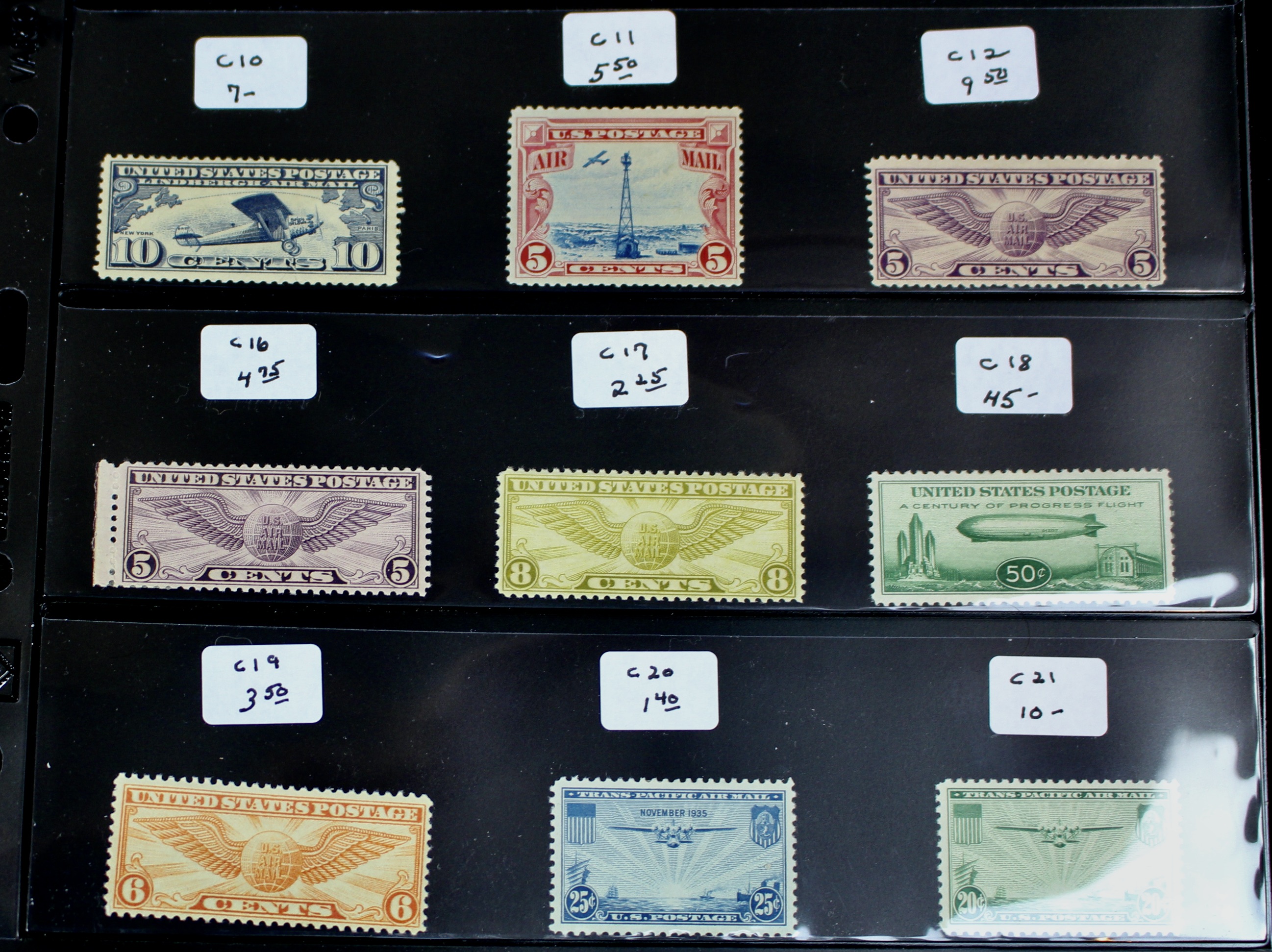 Fifteen Different Early U.S. Airmail Postage Stamps, MH