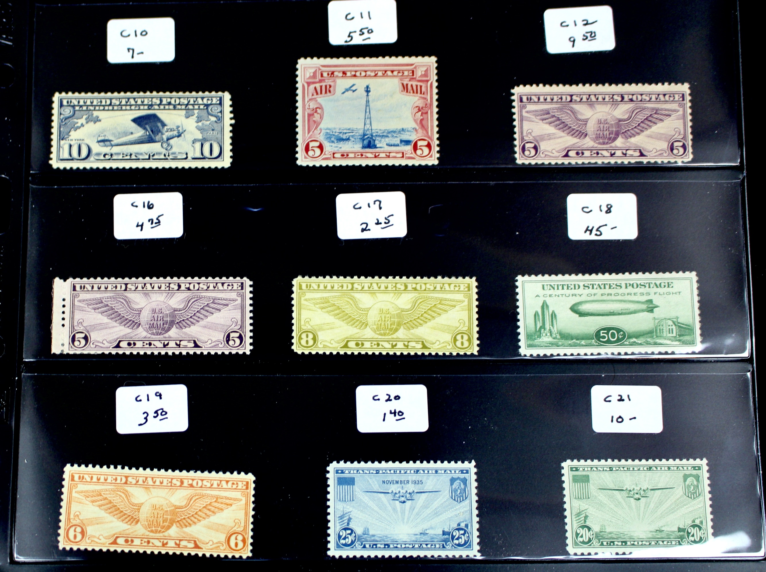 Fifteen Different Early U.S. Airmail Postage Stamps, MH