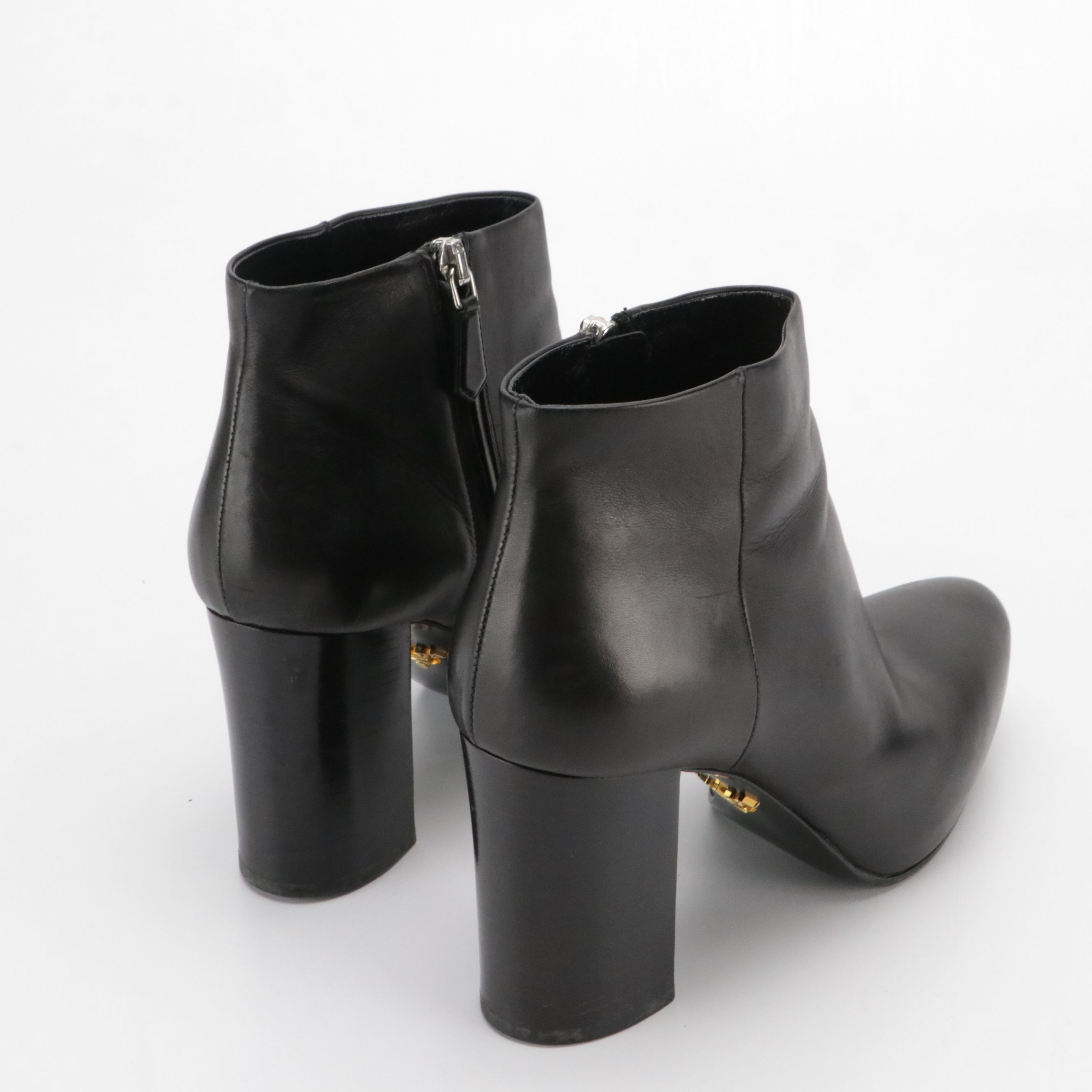 Prada Black Lambskin Leather Block Heel Ankle Boots