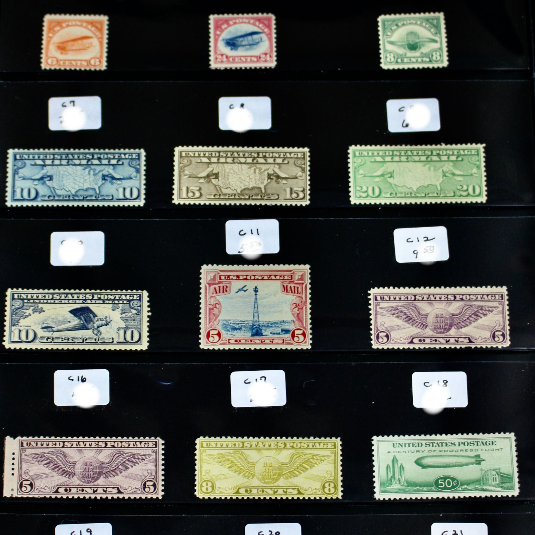 Fifteen Different Early U.S. Airmail Postage Stamps, MH