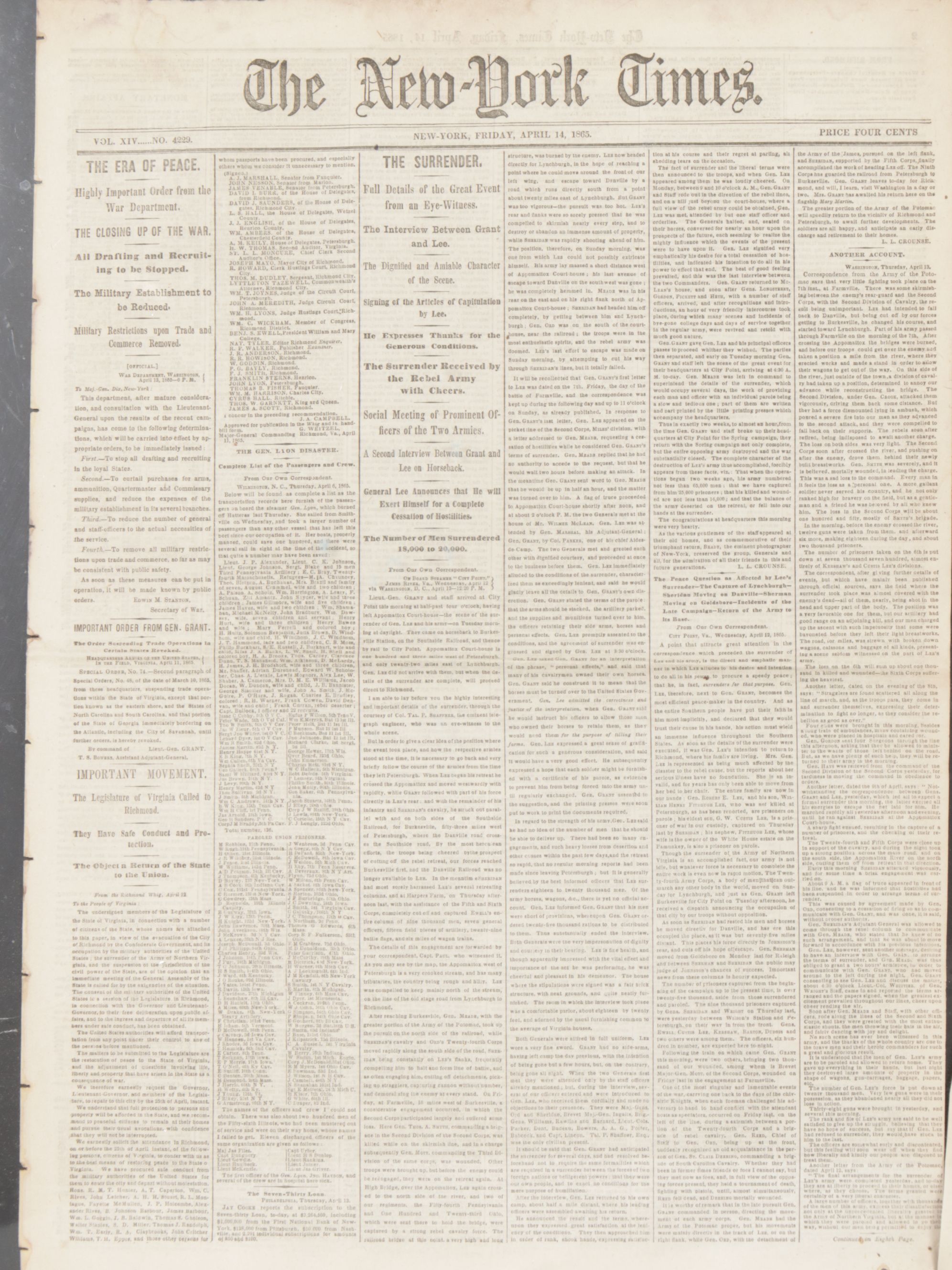 New York Times & New York Tribune Newspaper Articles Announcing End of Civil War