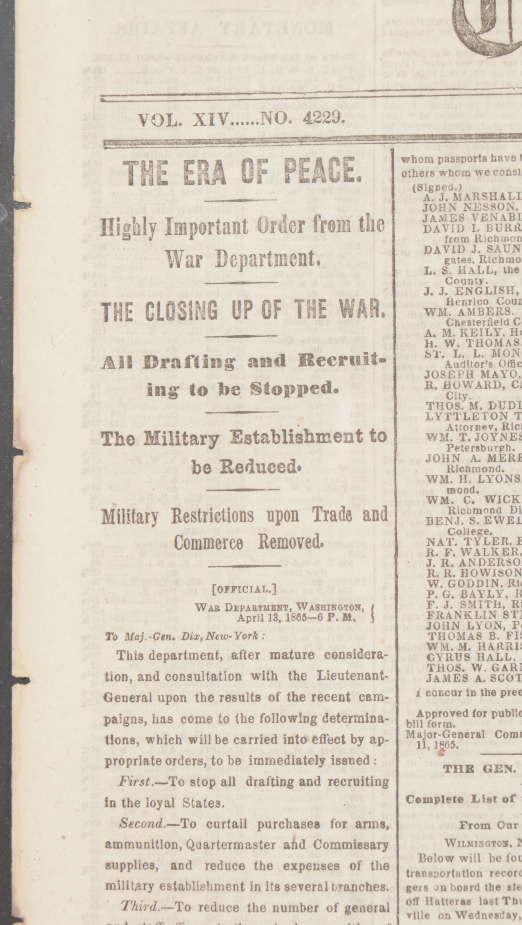 New York Times & New York Tribune Newspaper Articles Announcing End of Civil War