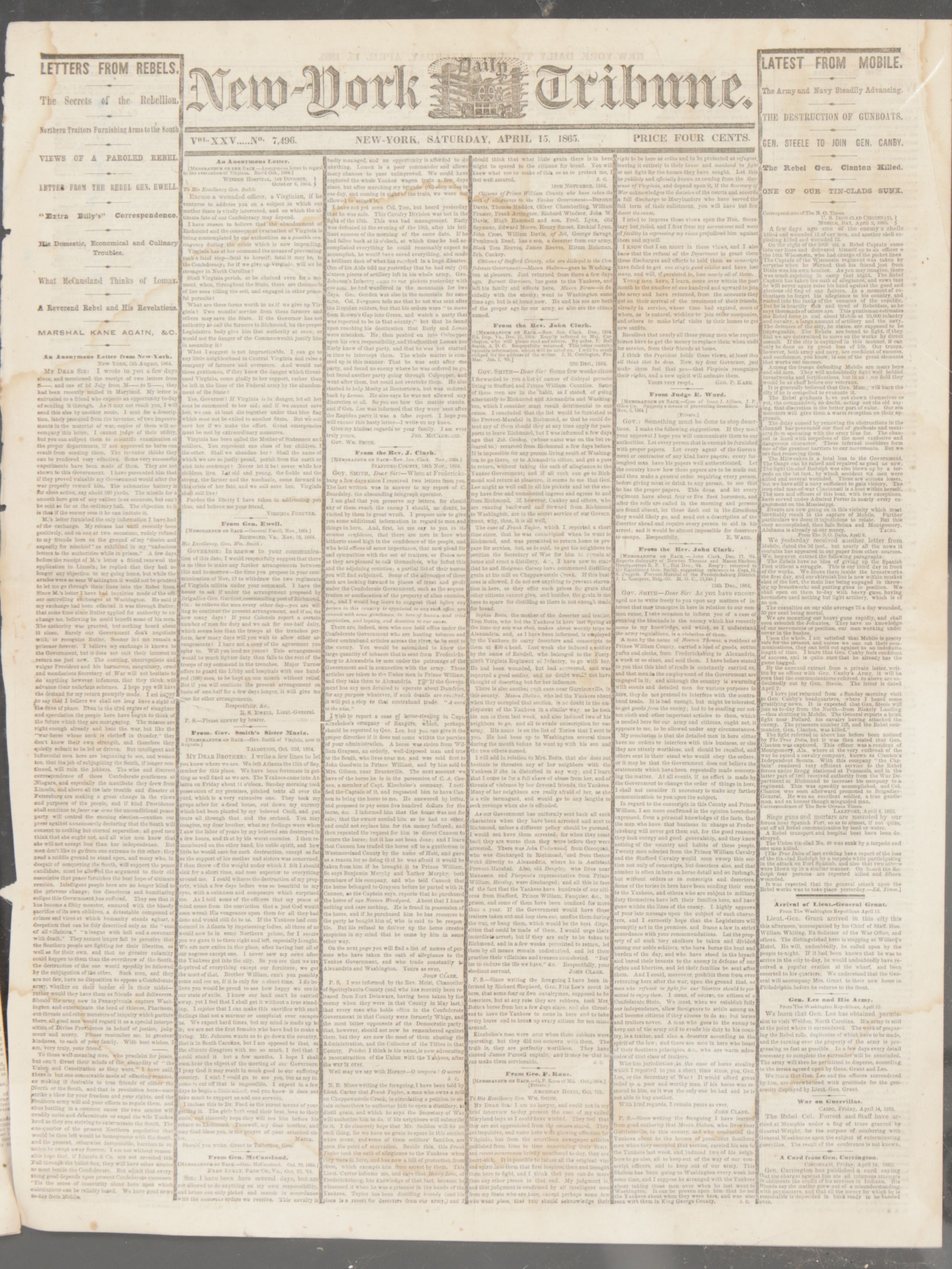 New York Times & New York Tribune Newspaper Articles Announcing End of Civil War
