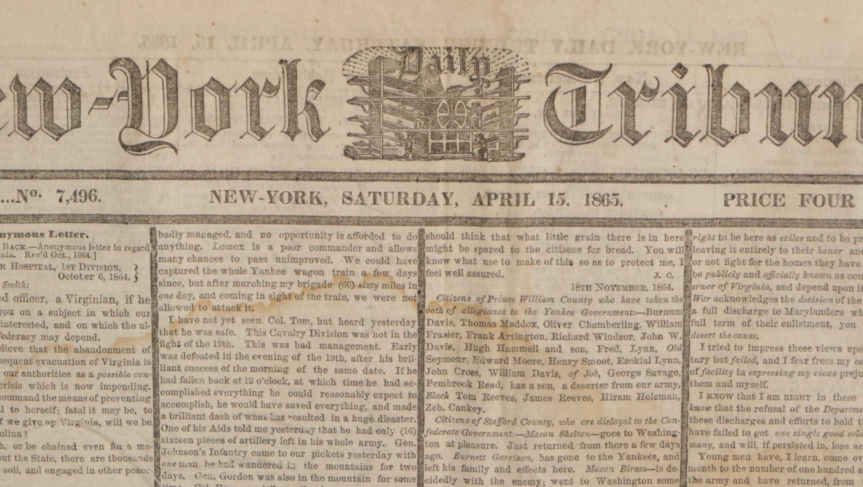 New York Times & New York Tribune Newspaper Articles Announcing End of Civil War