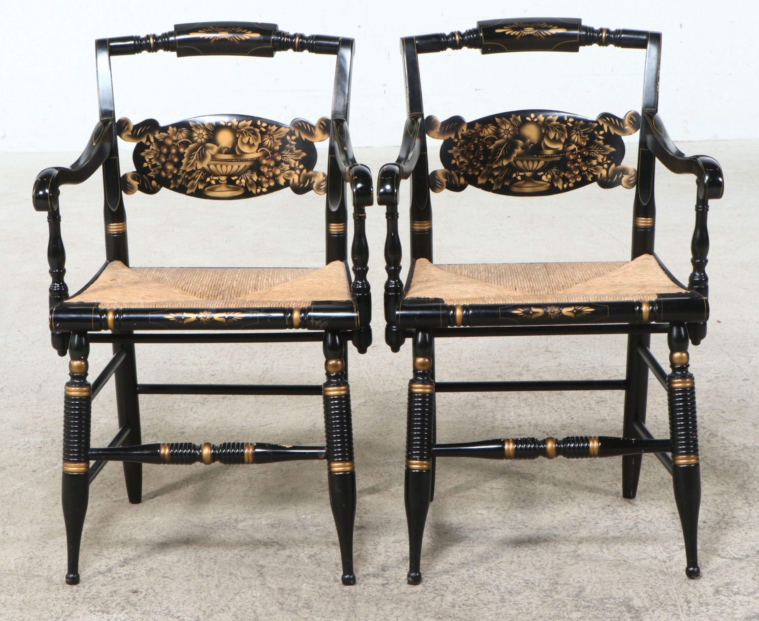 Pair of L. Hitchcock Colonial Revival Stenciled Armchairs