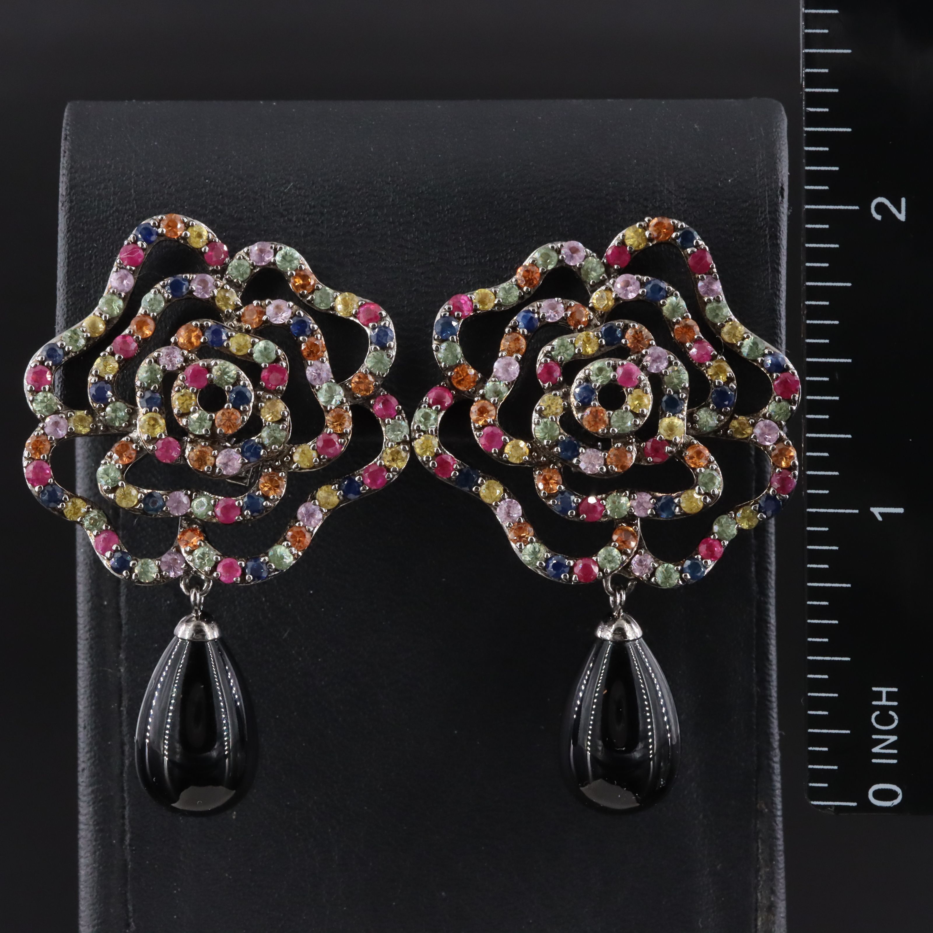 Carlo Viani Sterling Black Onyx, Ruby, and Multicolored Sapphire Earrings