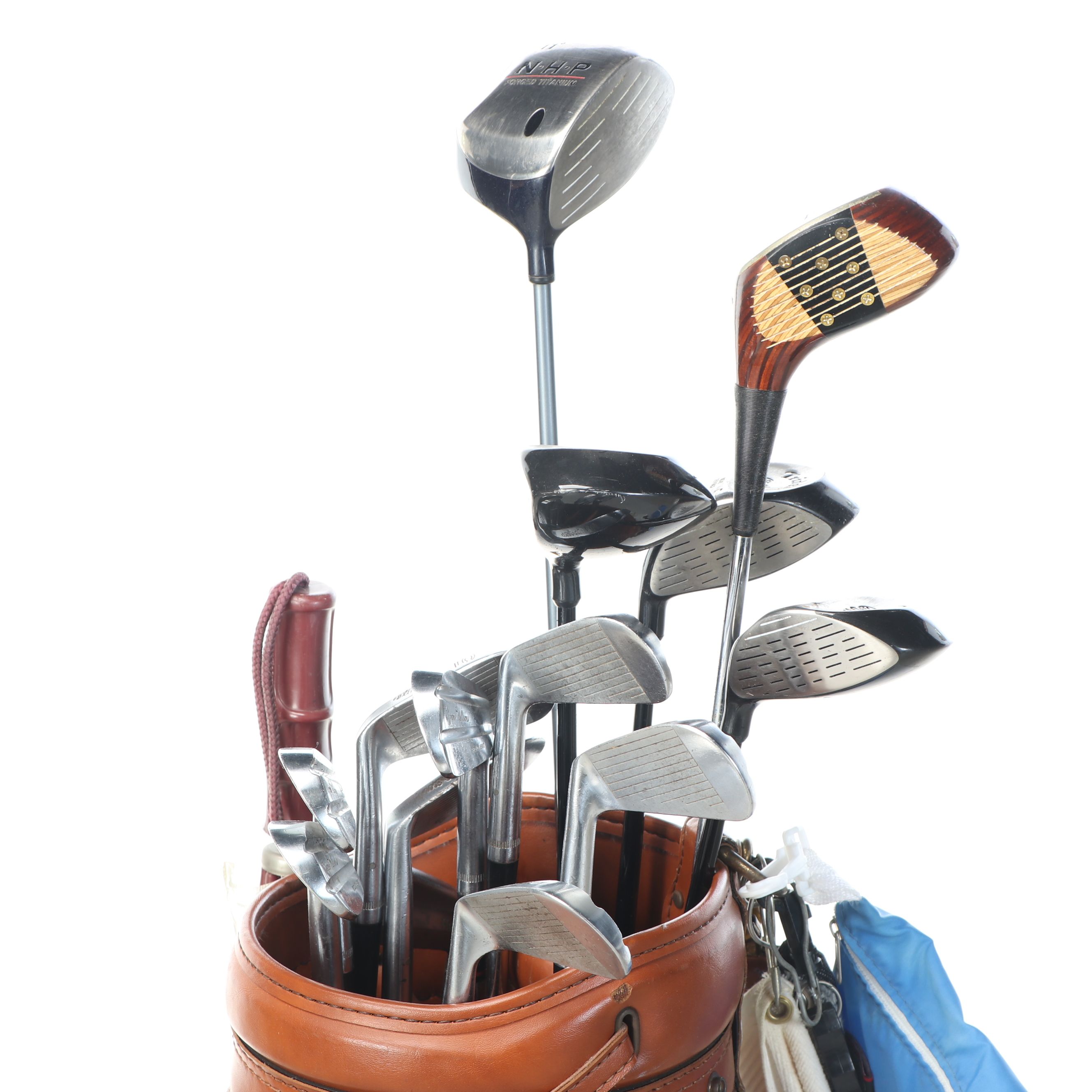 Collection of Golf Clubs, Leather Golf Bag, and More Golfing Equipment