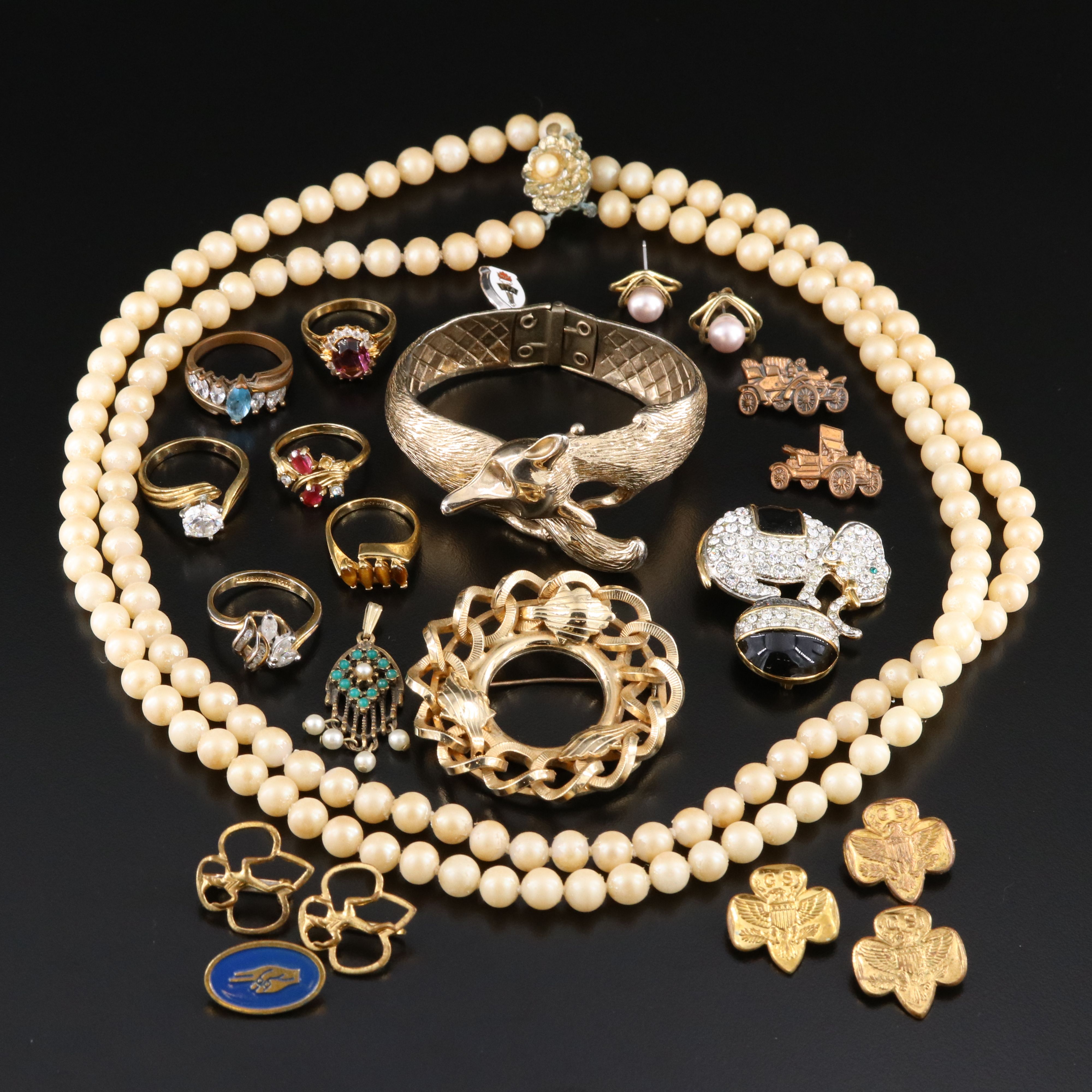 Fox Cuff, Scout Pins, Tiger's Eye, and CZ Featured in Jewelry