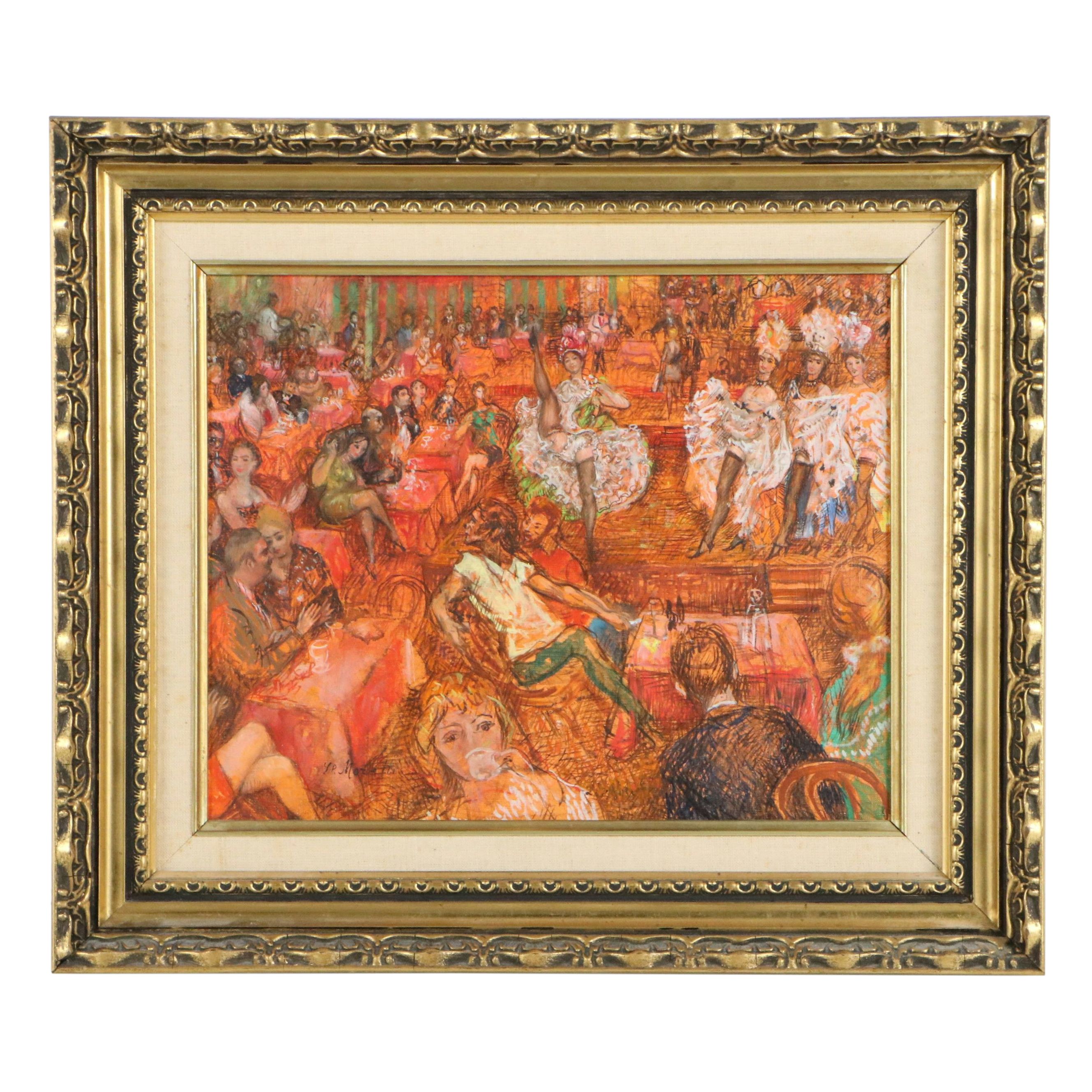 L. P. Moretti Oil on Canvas "French Cancan," Mid to Late 20th Century
