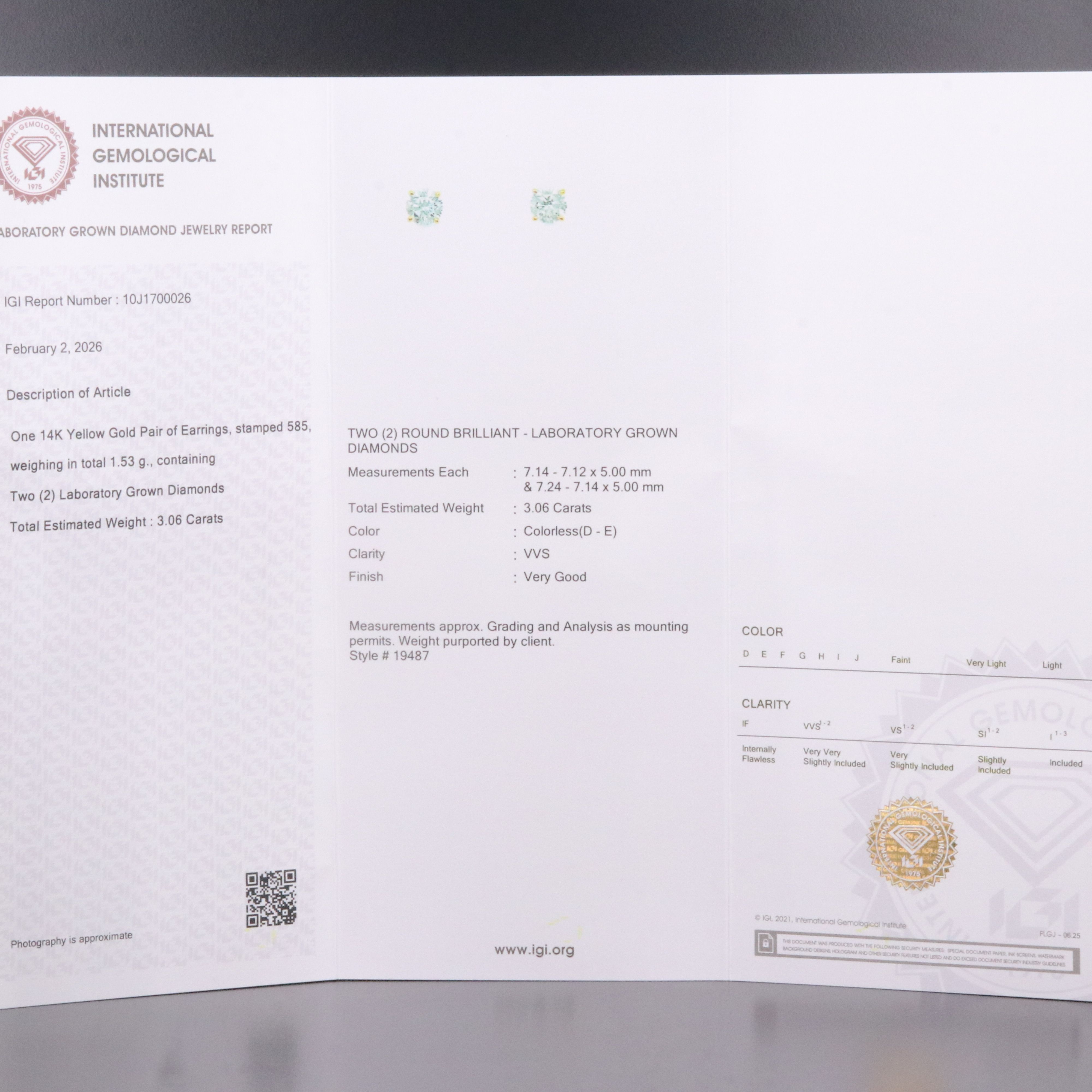 14K 3.06 CTW Lab Grown Diamond Stud Earrings with IGI Jewelry Report