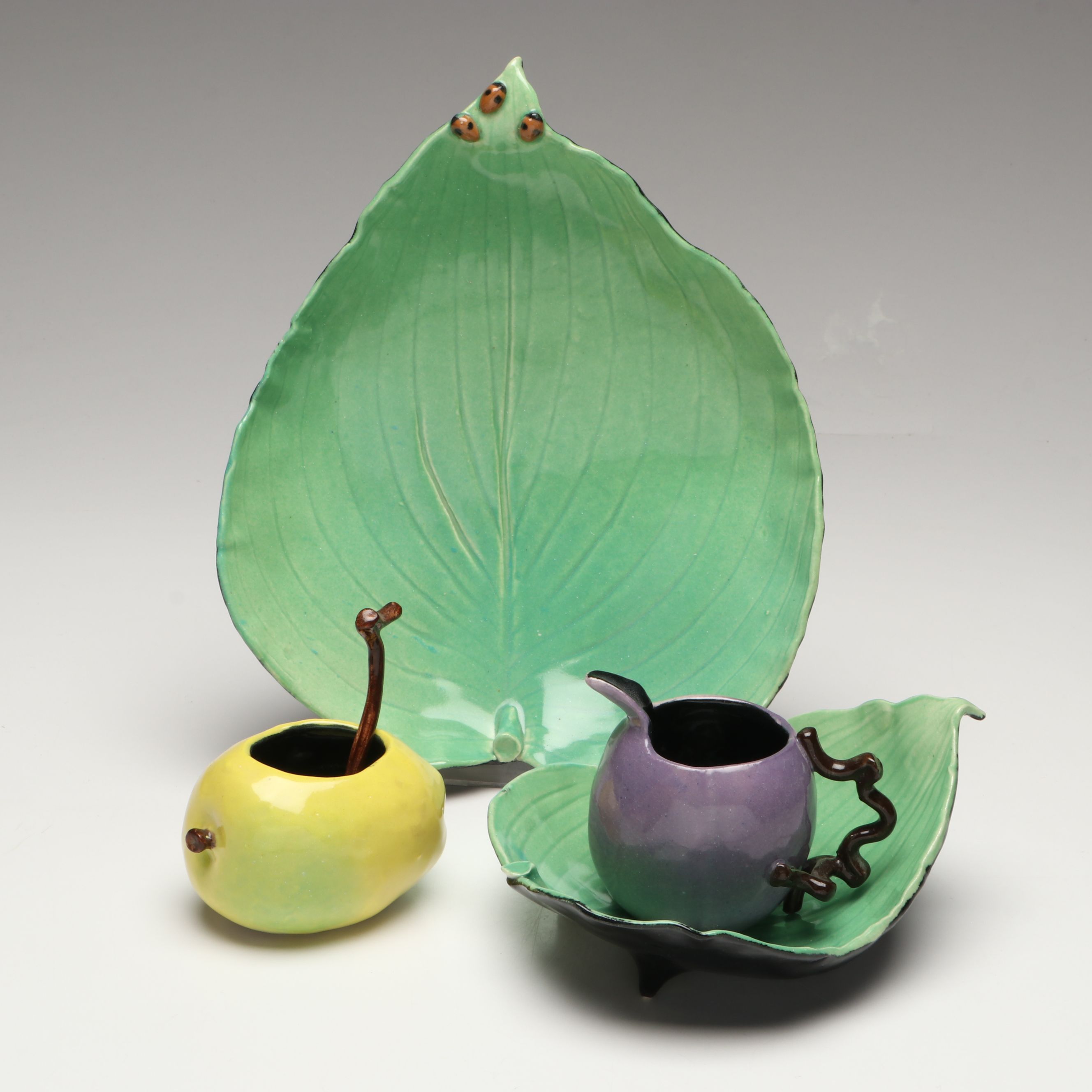 Cincinnati Studio Potter Susan G. Healy Leaf and Fruit Form Ceramic Serveware