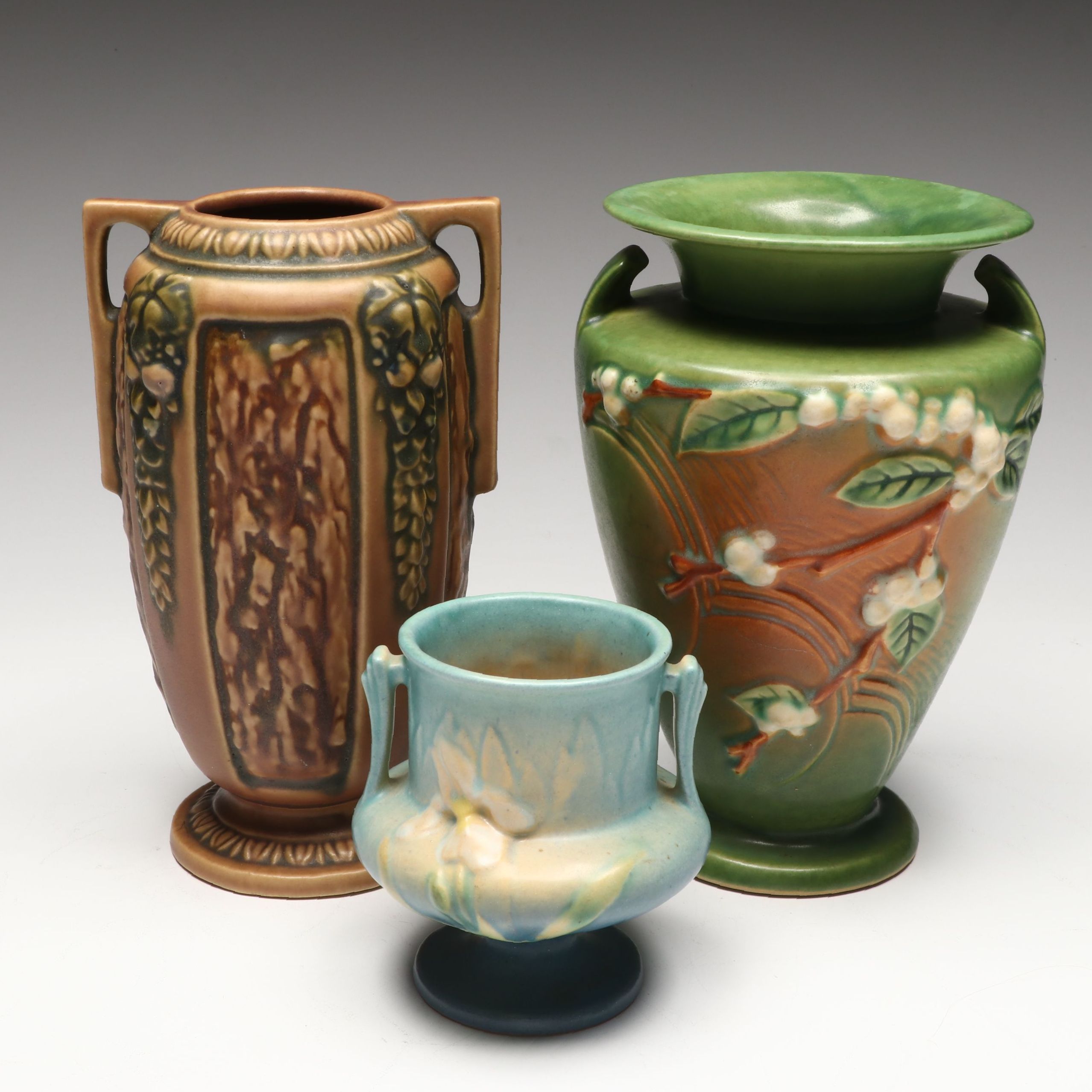 Roseville Pottery "Snowberry," "Florentine," and "Iris" Vases, Mid-20th Century