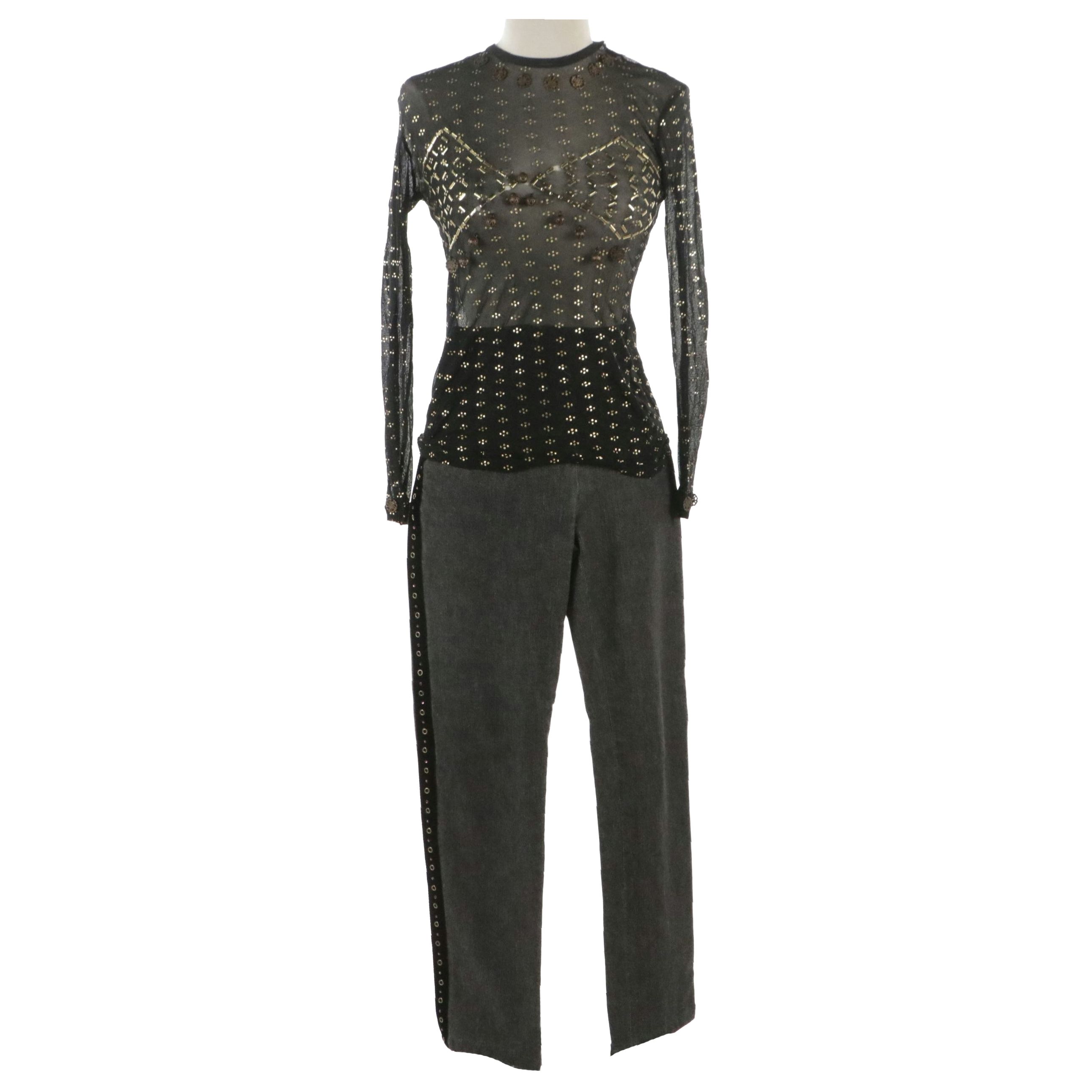 Jean Paul Gaultier Embellished Mesh Top and Emanuel Ungaro Embellished Jeans