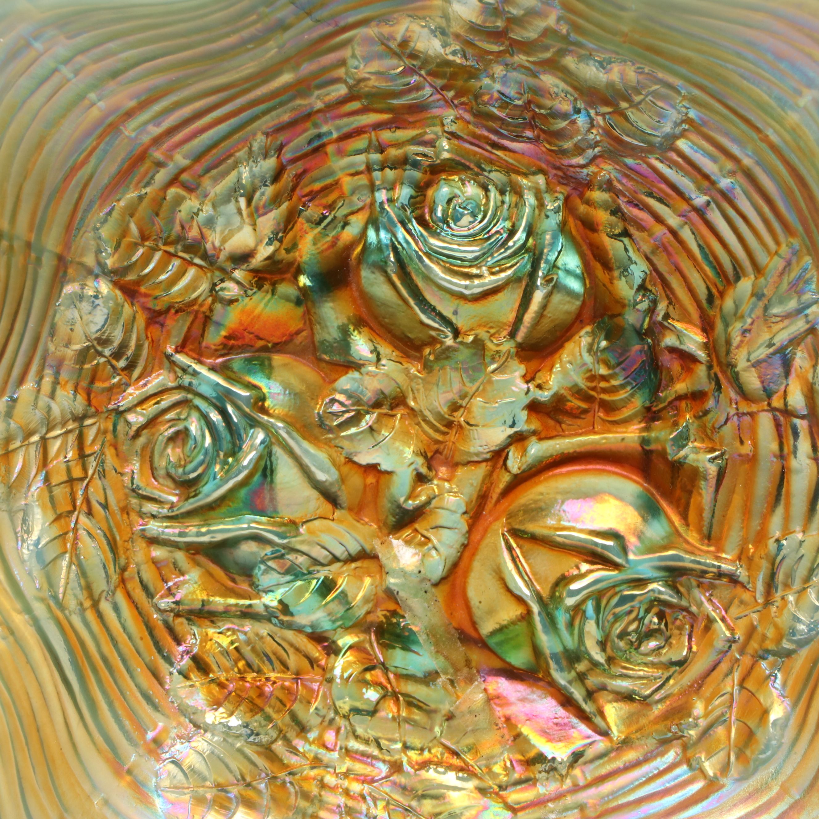 Northwood "Rose Show" Carnival Glass Ruffled Bowl, Early 20th Century