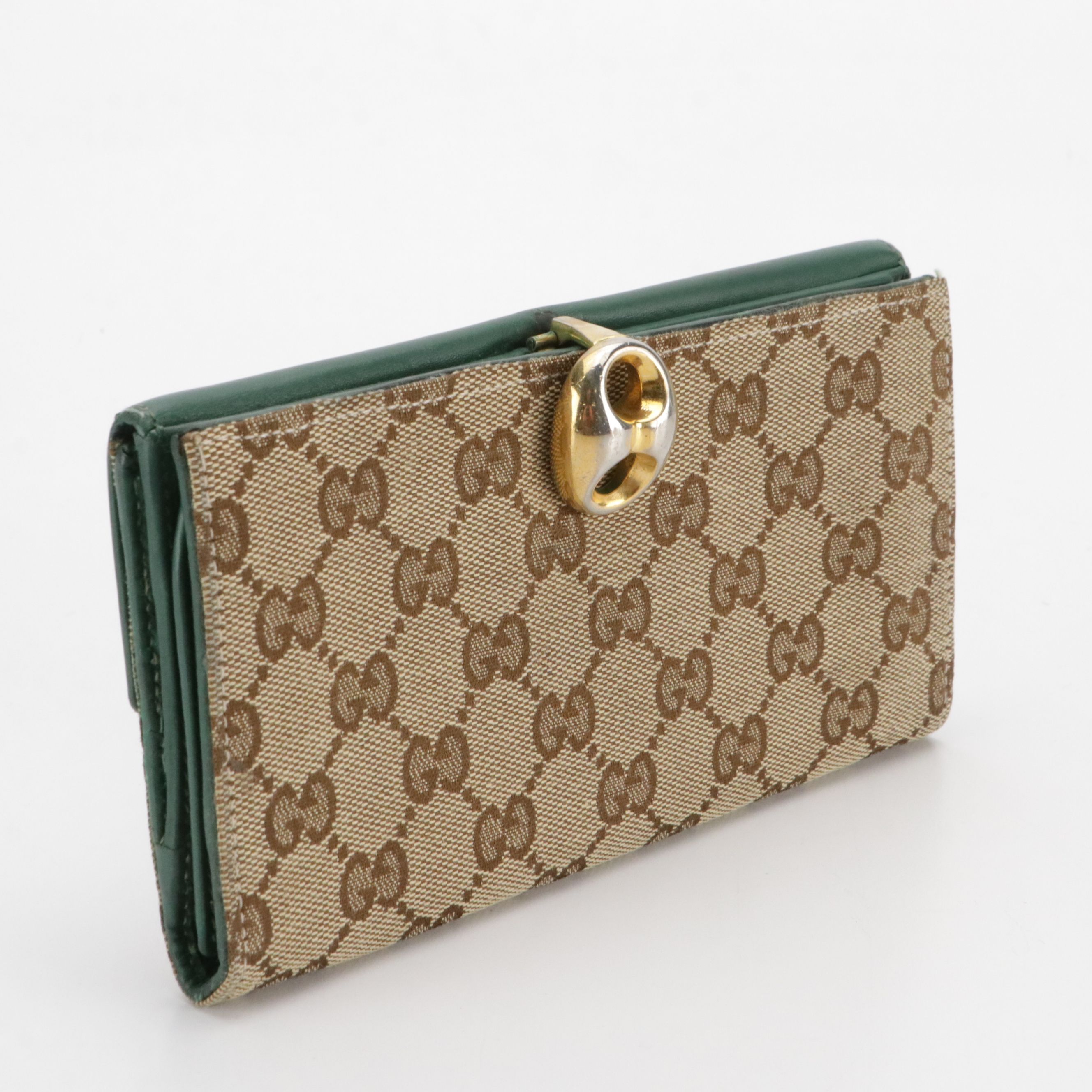 Gucci Continental Wallet in GG Canvas and Green Leather