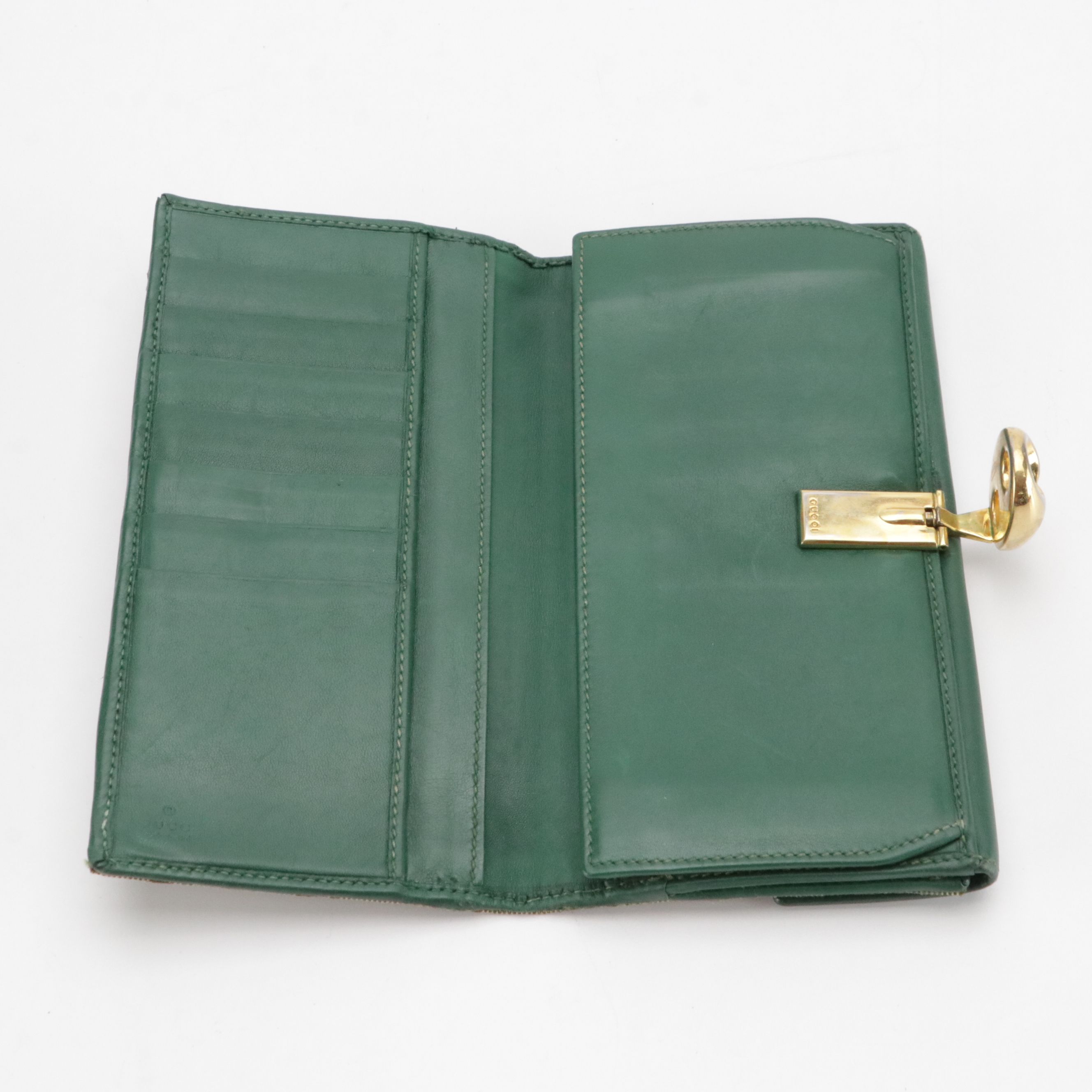 Gucci Continental Wallet in GG Canvas and Green Leather