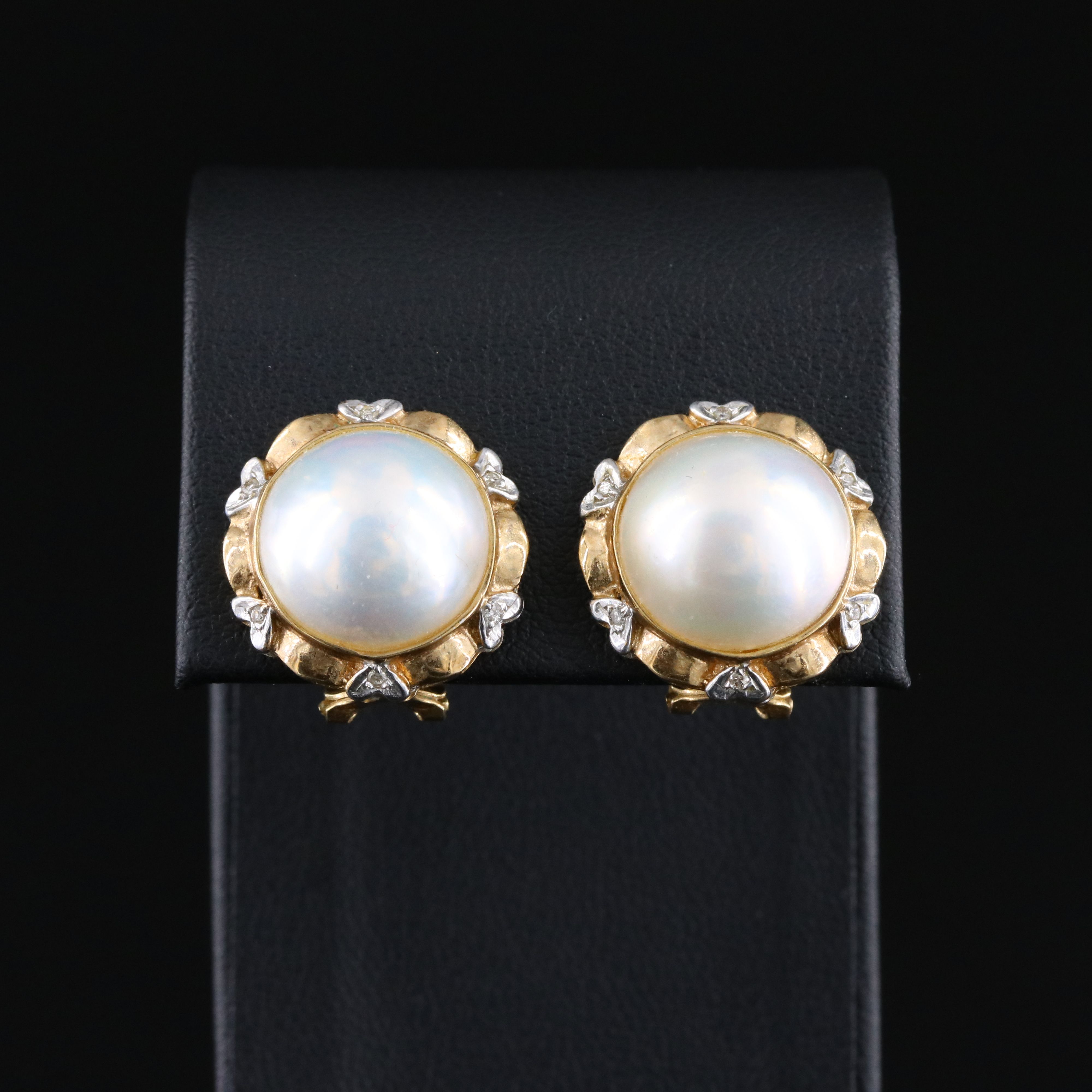14K Mabé Pearl and Diamond Button Clip Earrings