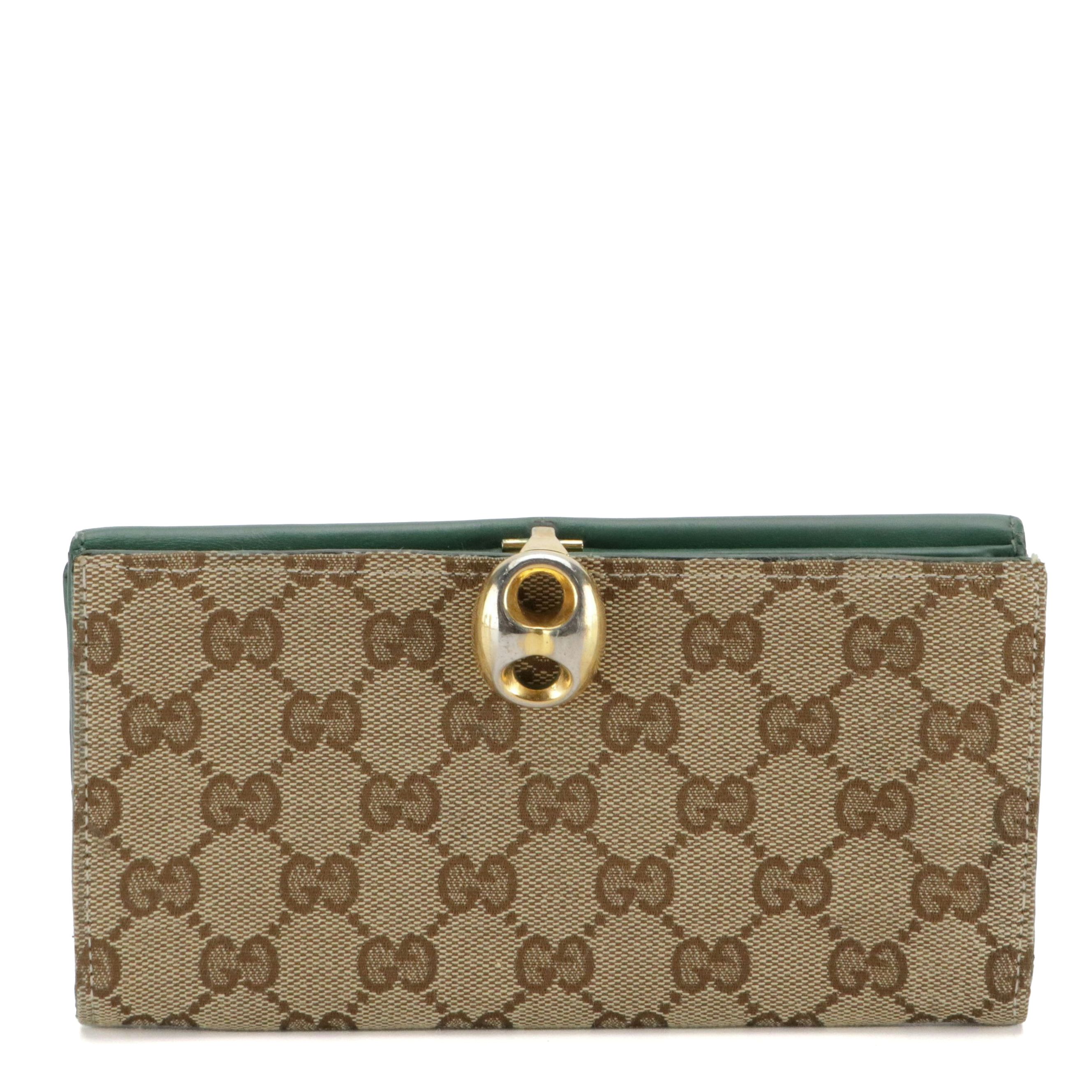 Gucci Continental Wallet in GG Canvas and Green Leather