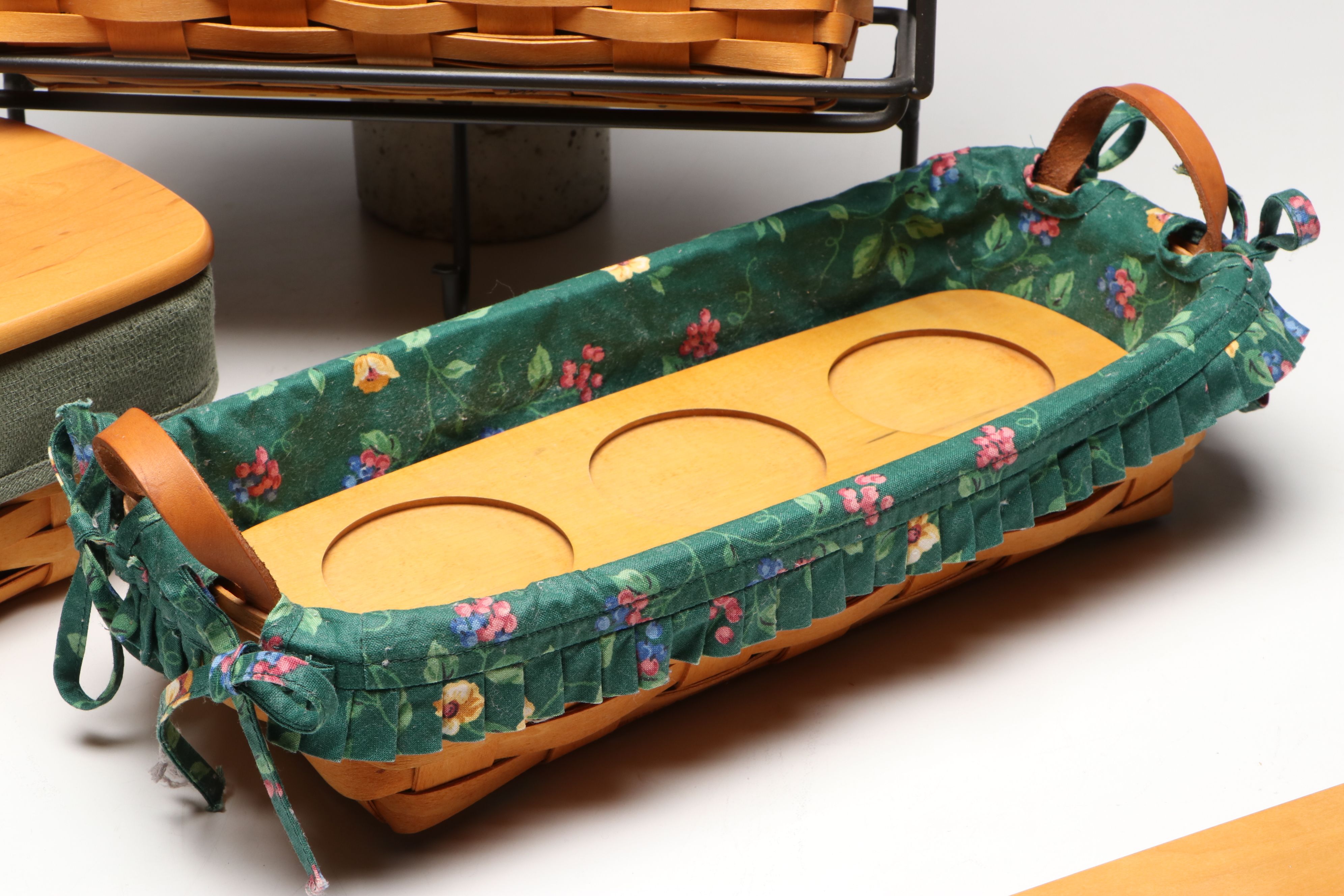 Longaberger Woven and Fabric Lined Baskets with Metal Rack