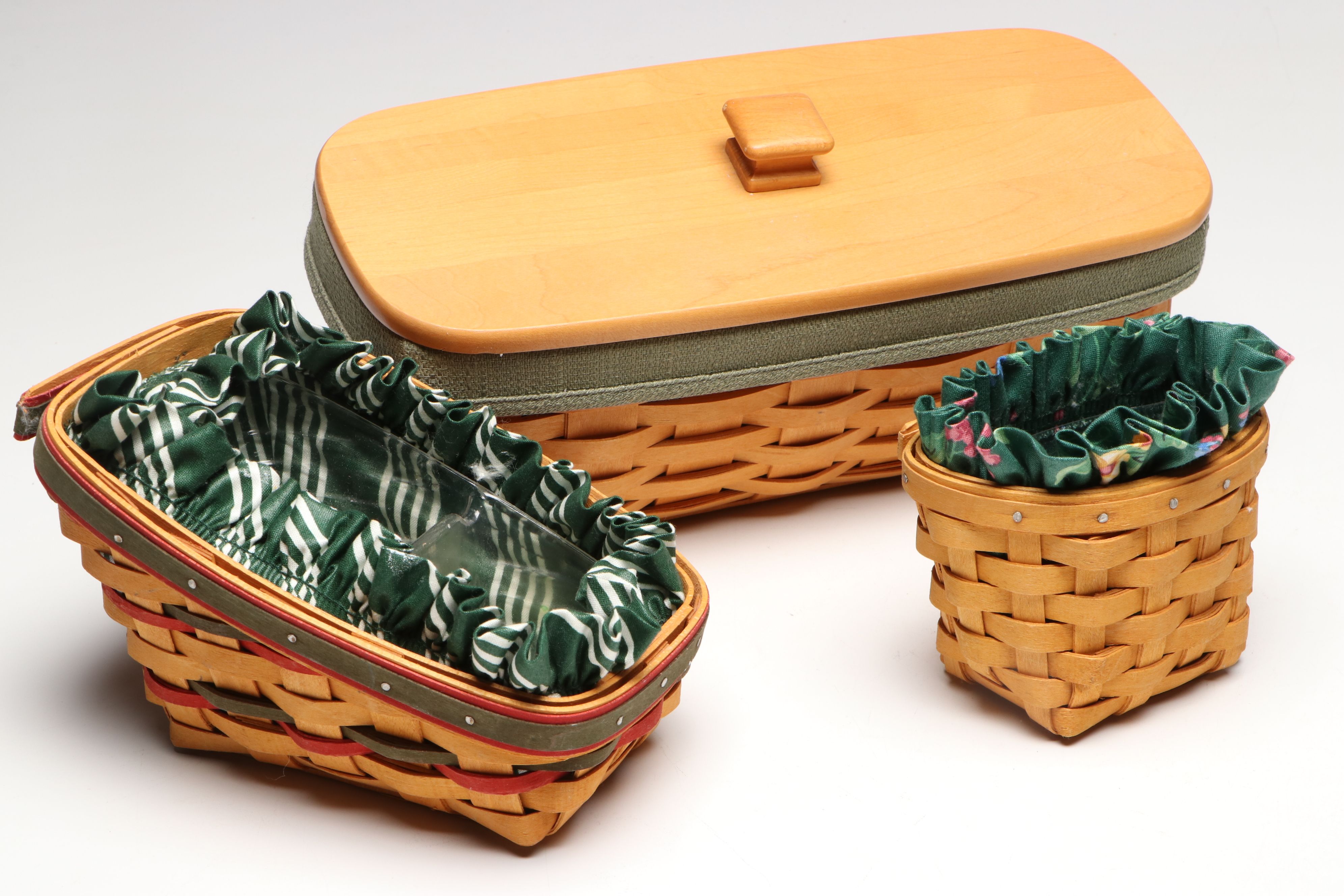 Longaberger Woven and Fabric Lined Baskets with Metal Rack