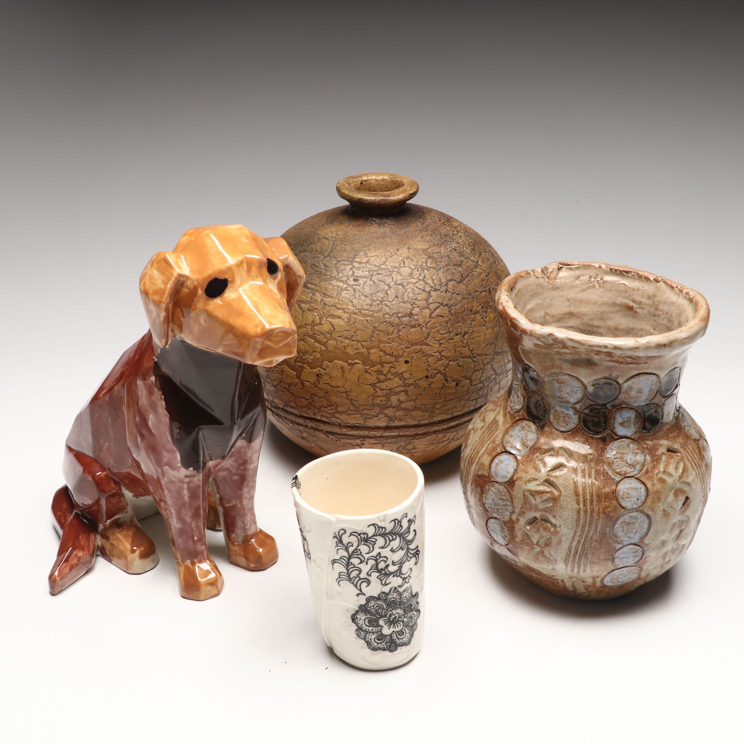 Hand-Painted Porcelain Labrador Figure with Other Rustic Studio Pottery Vases