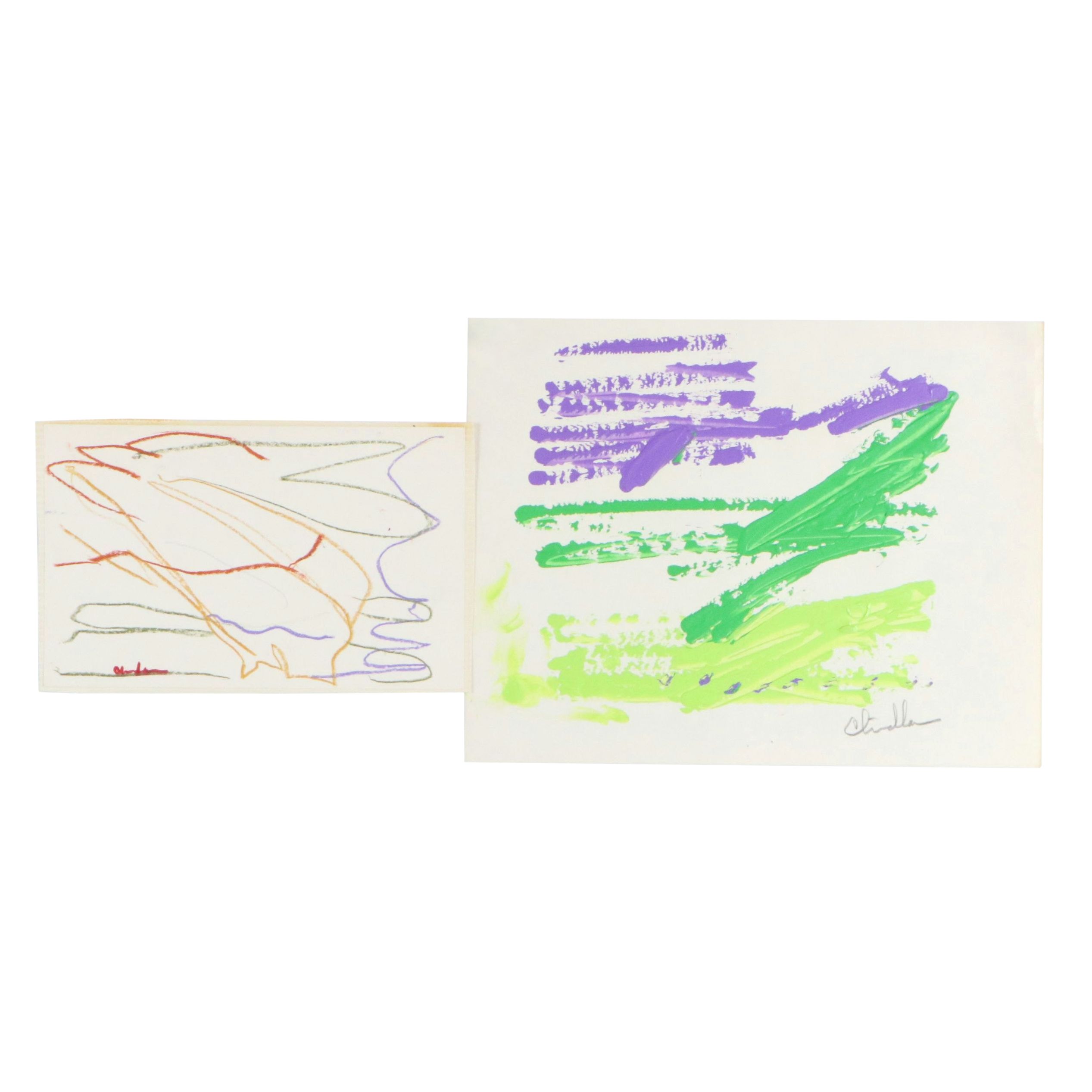 Paul Chidlaw Folk Abstract Chalk Pastel Drawing, Late 20th Century