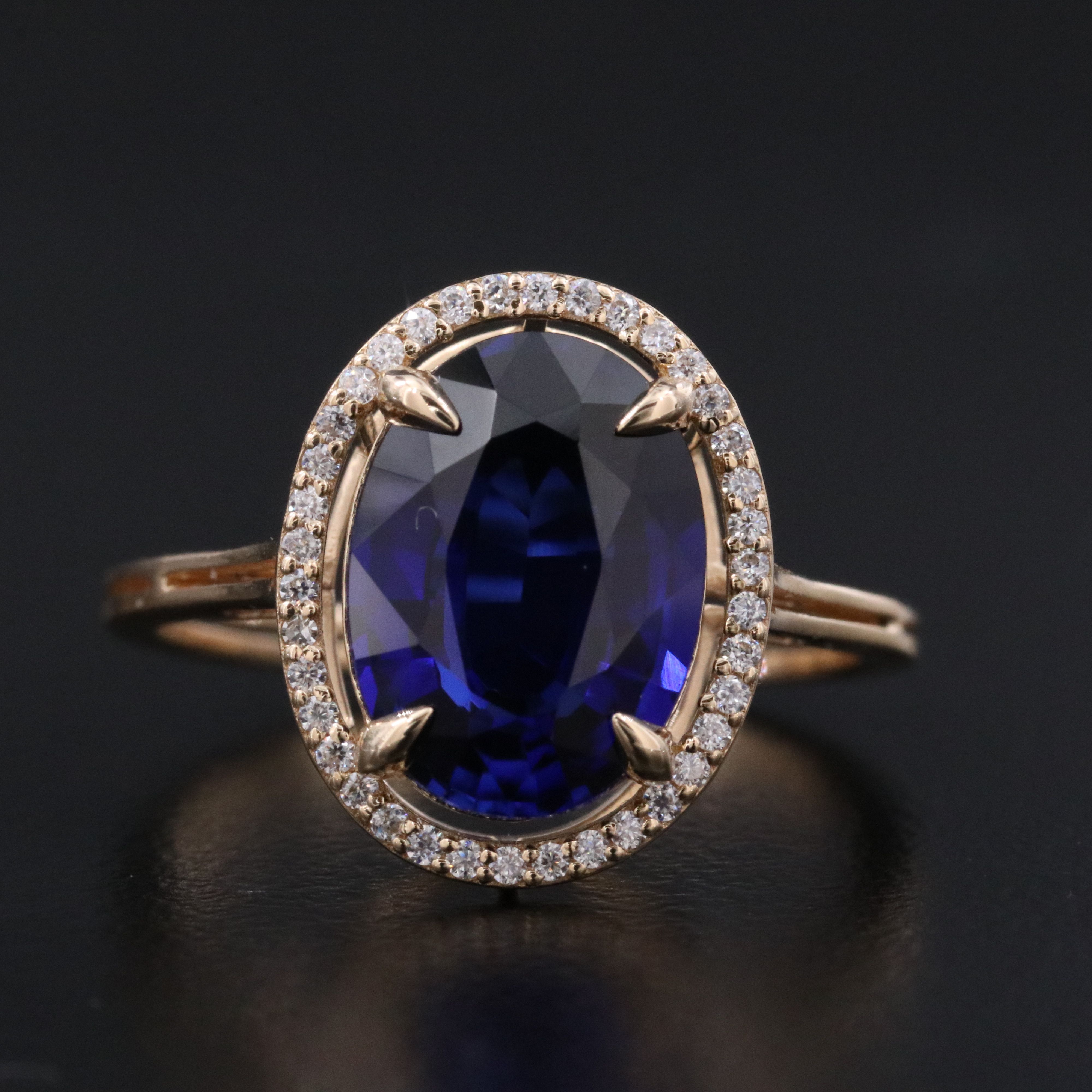 14K 4.15 CT Lab Grown Sapphire and Moissanite Halo Ring