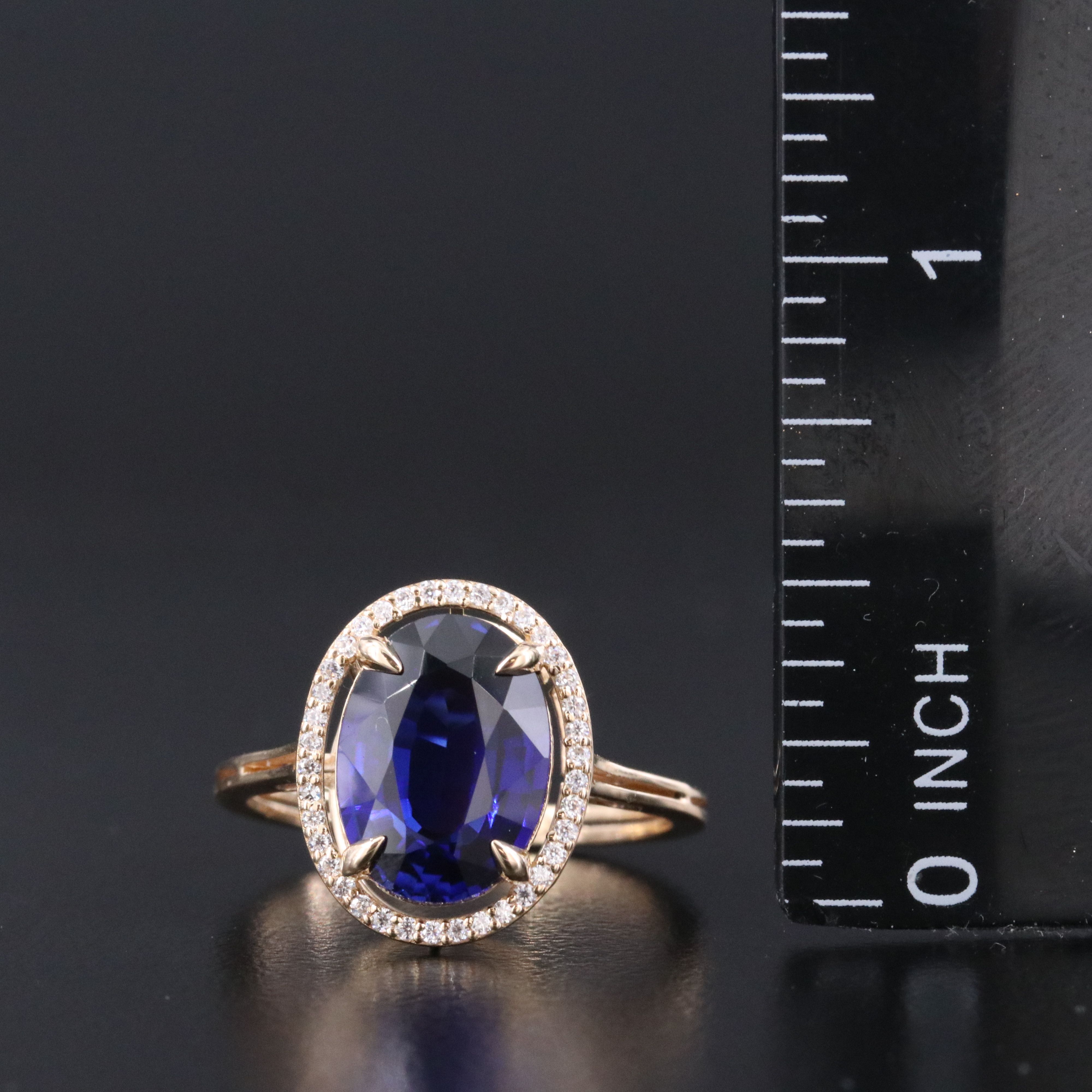 14K 4.15 CT Lab Grown Sapphire and Moissanite Halo Ring