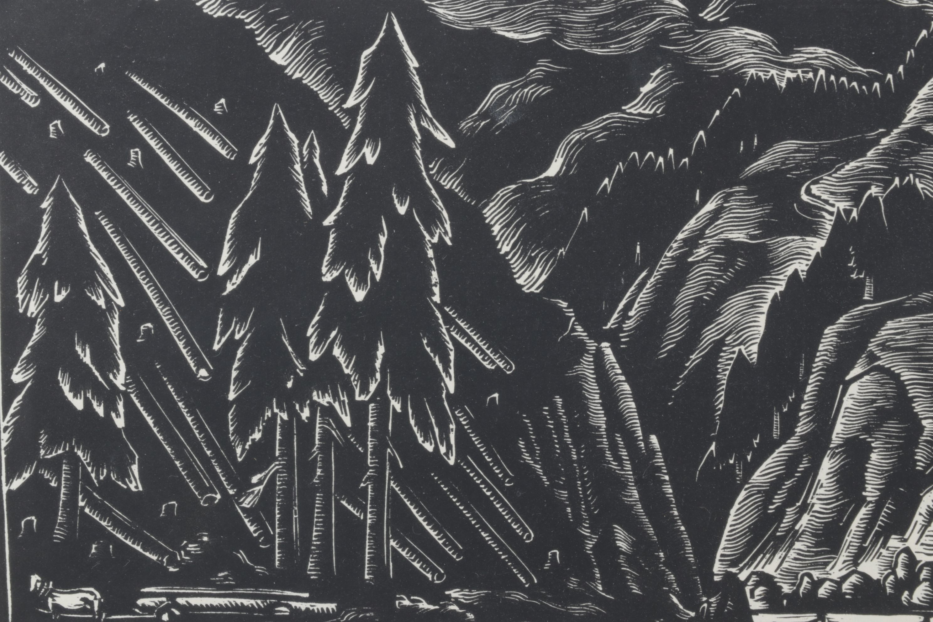 Ferdiš Duša Woodcut Print "Pltníci (Loggers)", Early to Mid-20th Century
