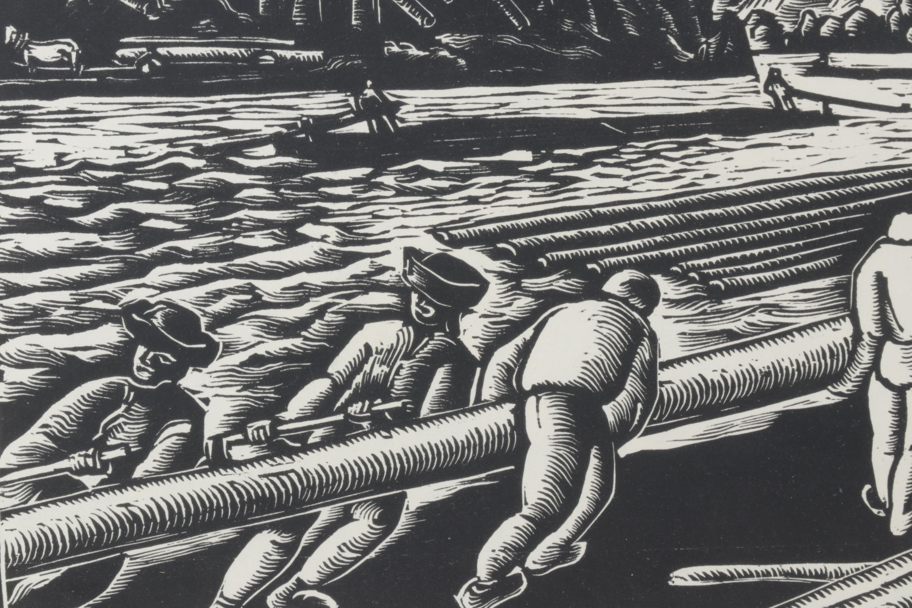 Ferdiš Duša Woodcut Print "Pltníci (Loggers)", Early to Mid-20th Century