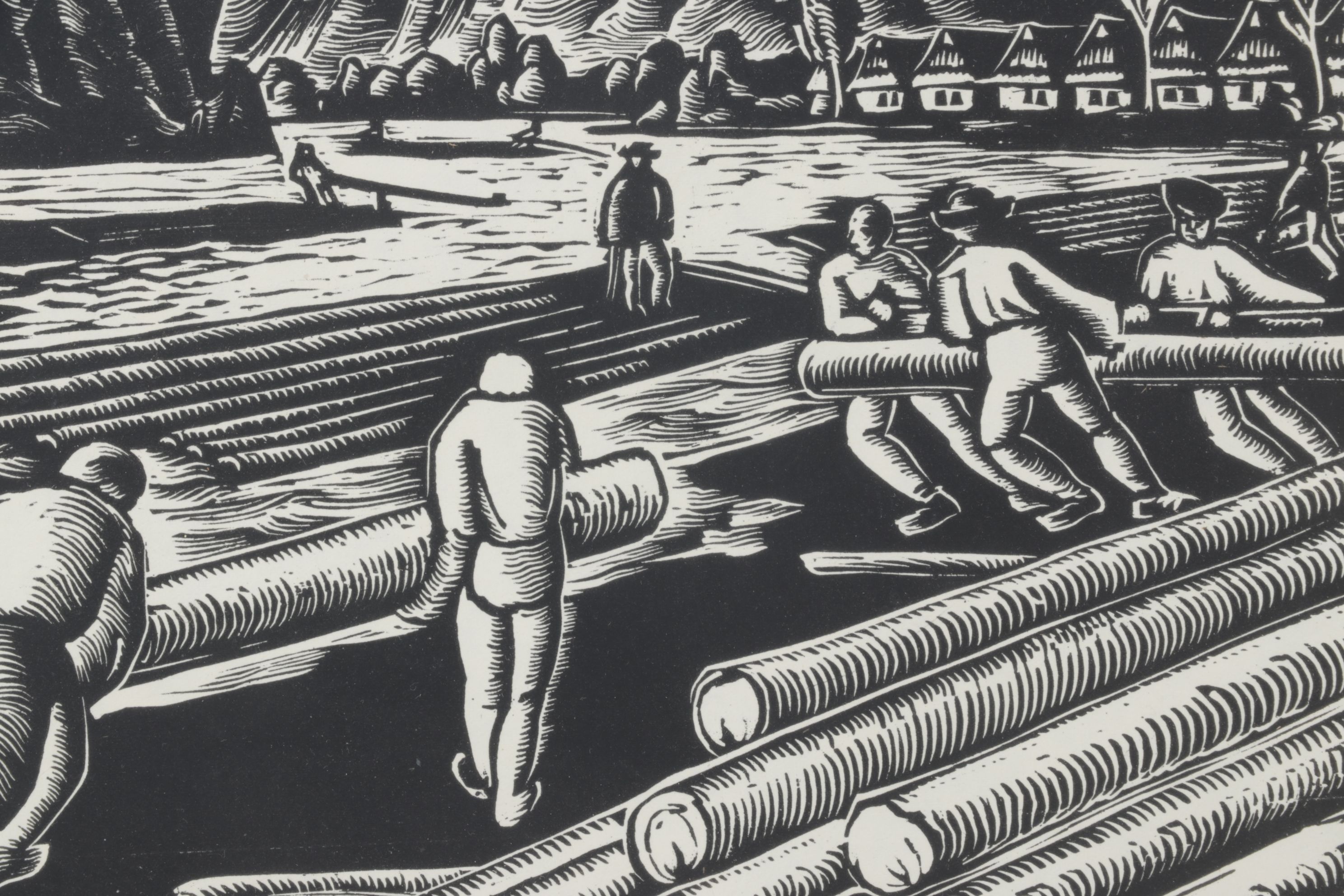 Ferdiš Duša Woodcut Print "Pltníci (Loggers)", Early to Mid-20th Century
