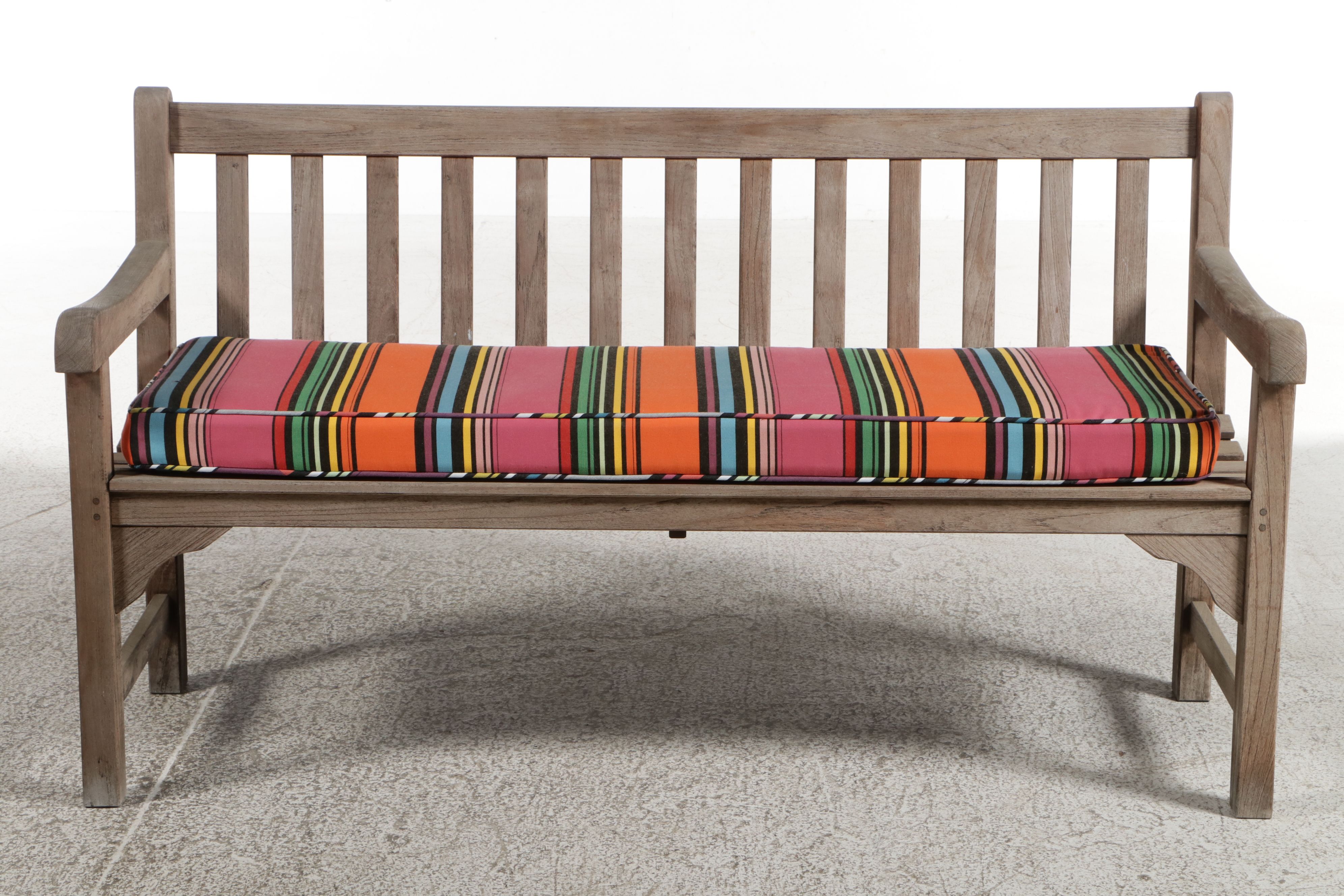 Smith & Hawken Teak Garden Bench with Striped Cushion