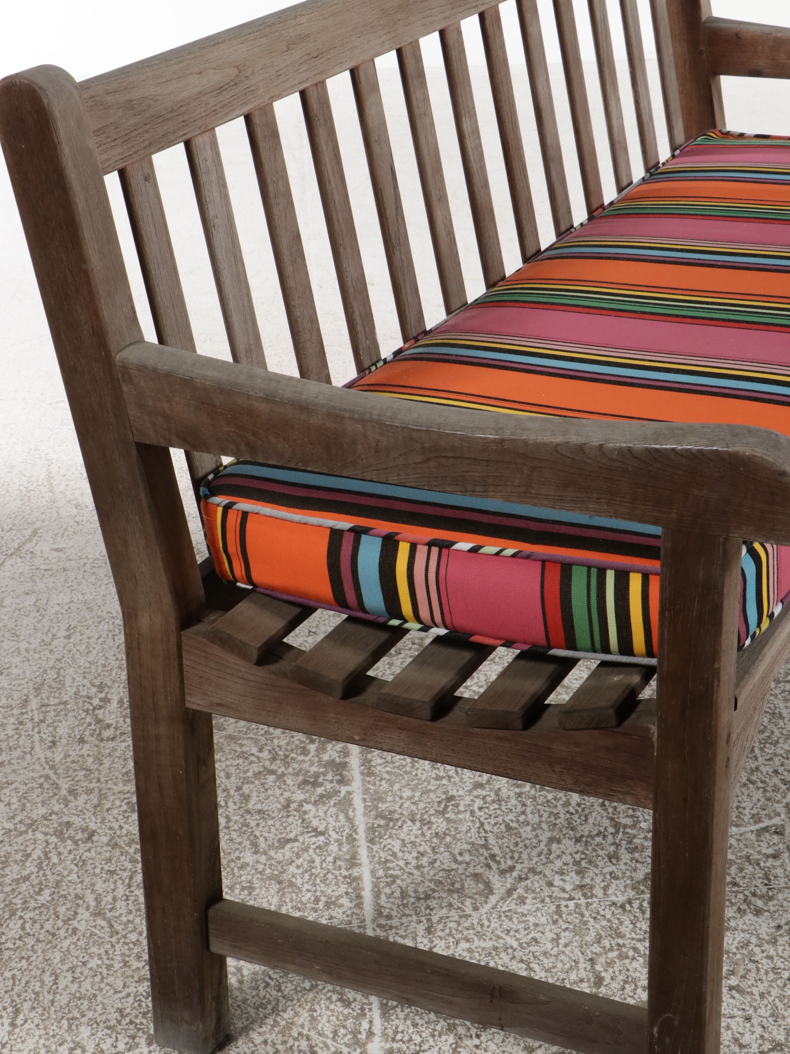 Smith & Hawken Teak Garden Bench with Striped Cushion