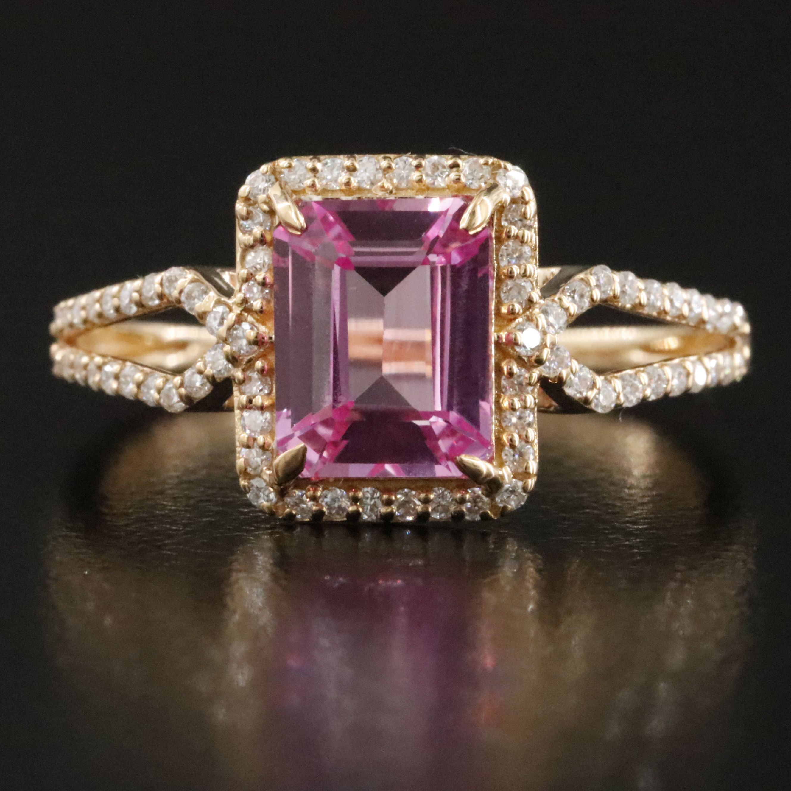 14K 1.79 CT Lab Grown Pink Sapphire and Moissanite Halo Ring