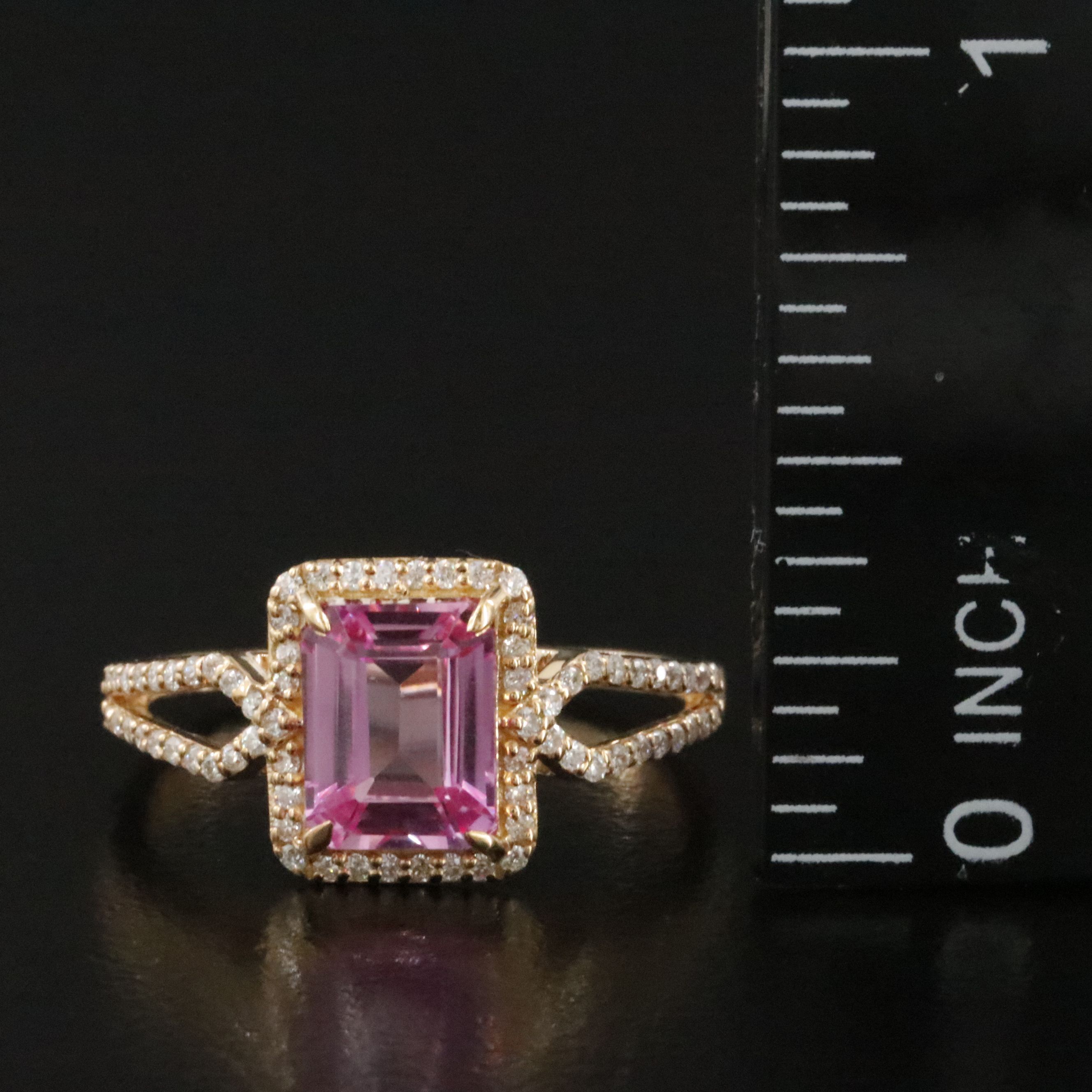14K 1.79 CT Lab Grown Pink Sapphire and Moissanite Halo Ring