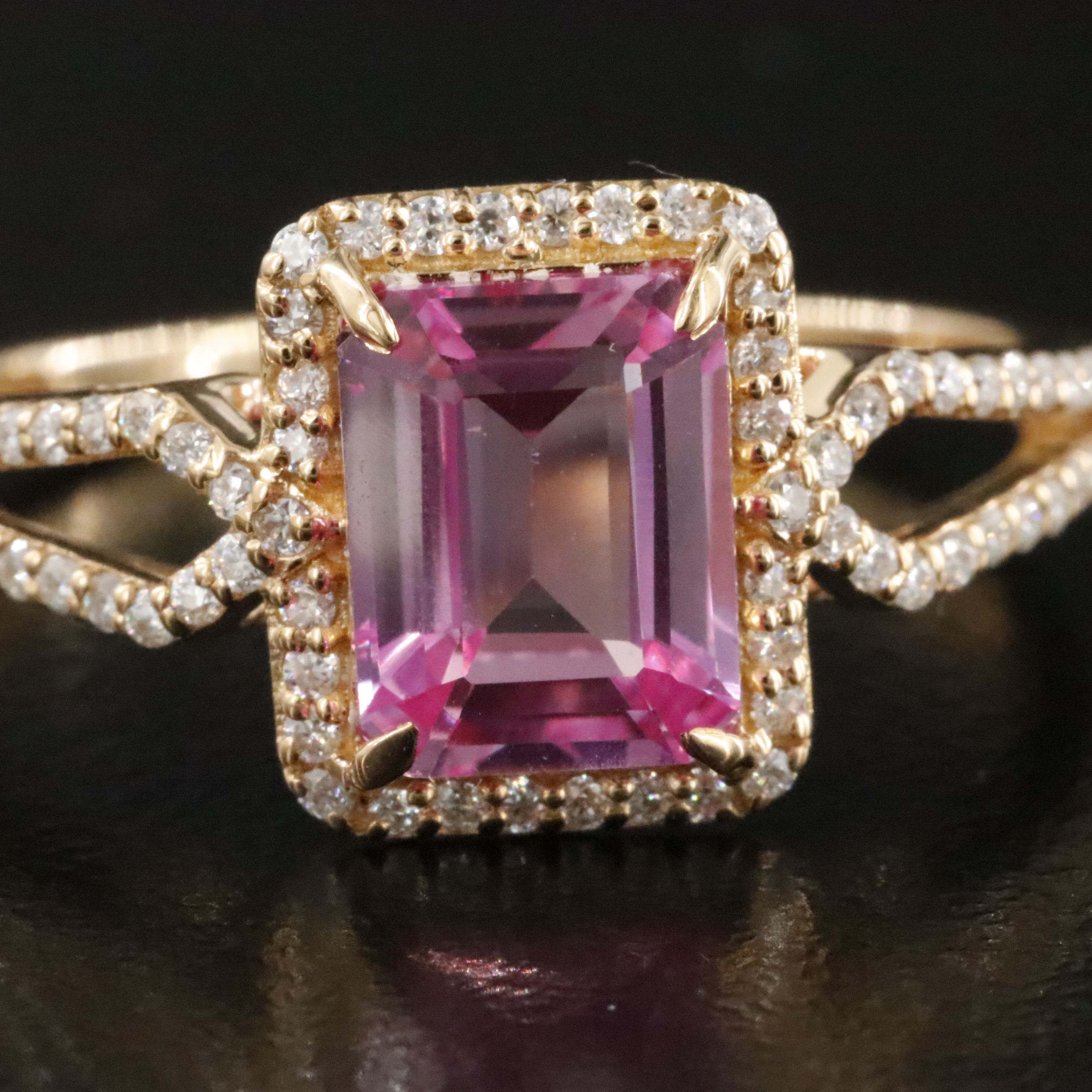 14K 1.79 CT Lab Grown Pink Sapphire and Moissanite Halo Ring