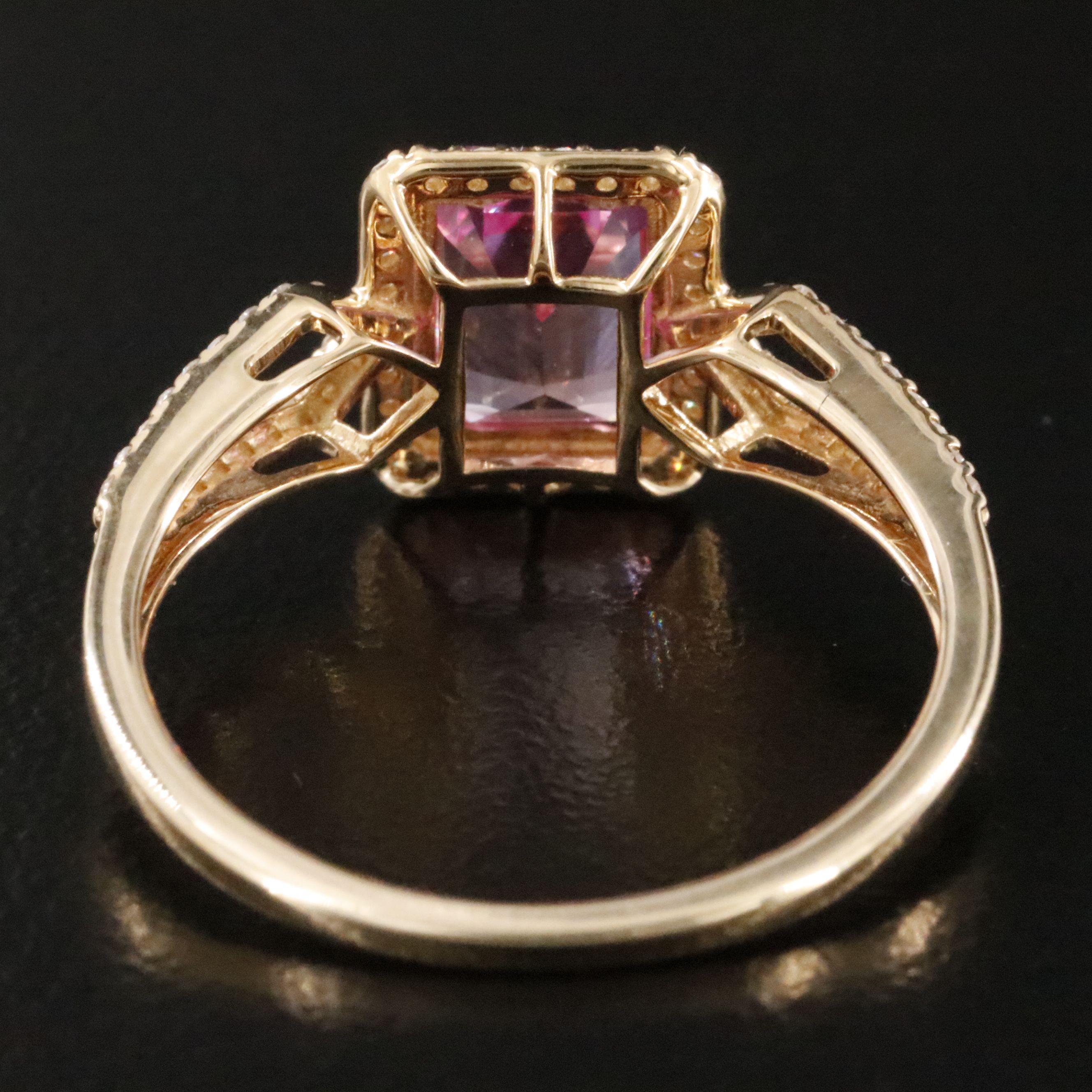 14K 1.79 CT Lab Grown Pink Sapphire and Moissanite Halo Ring